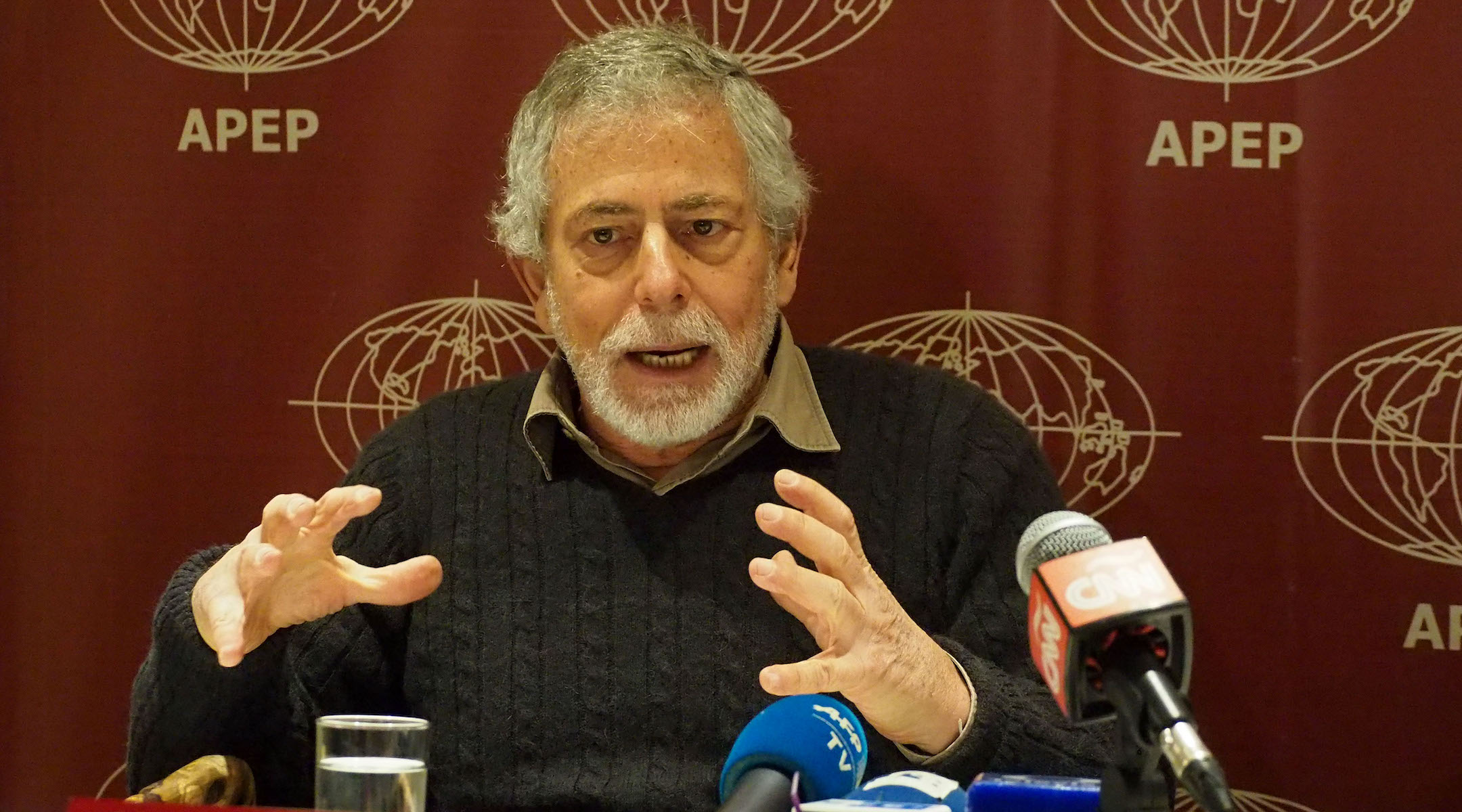 Gustavo Gorriti gives a press conference to the foreign press association in Peru in 2018. (Carlos Garcia Granthon/Fotoholica Press/LightRocket via Getty Images)