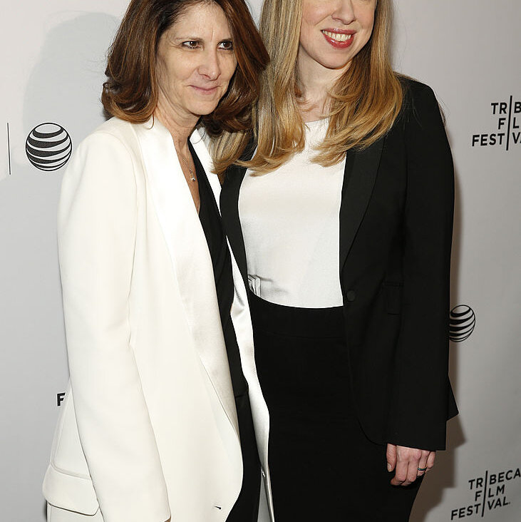 NYU's next president, Linda G. Mills, who is also a filmmaker, pictured here with Chelsea Clinton during the 2014 Tribeca Film Festival in New York City.  