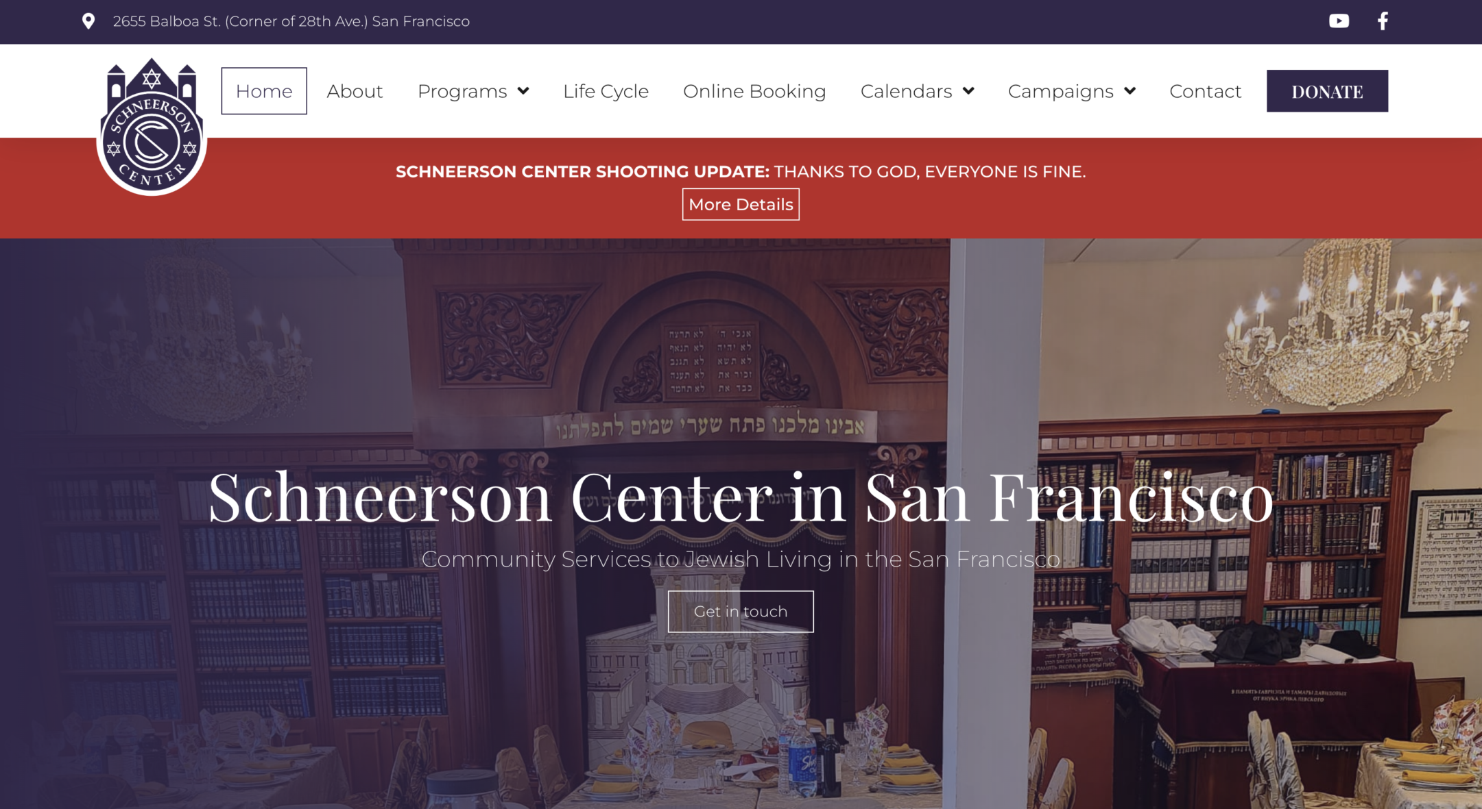 The website of the Schneerson Center in San Francisco was updated to show that no one was hurt in an incident that took place Feb. 1, 2023. (Screenshot)