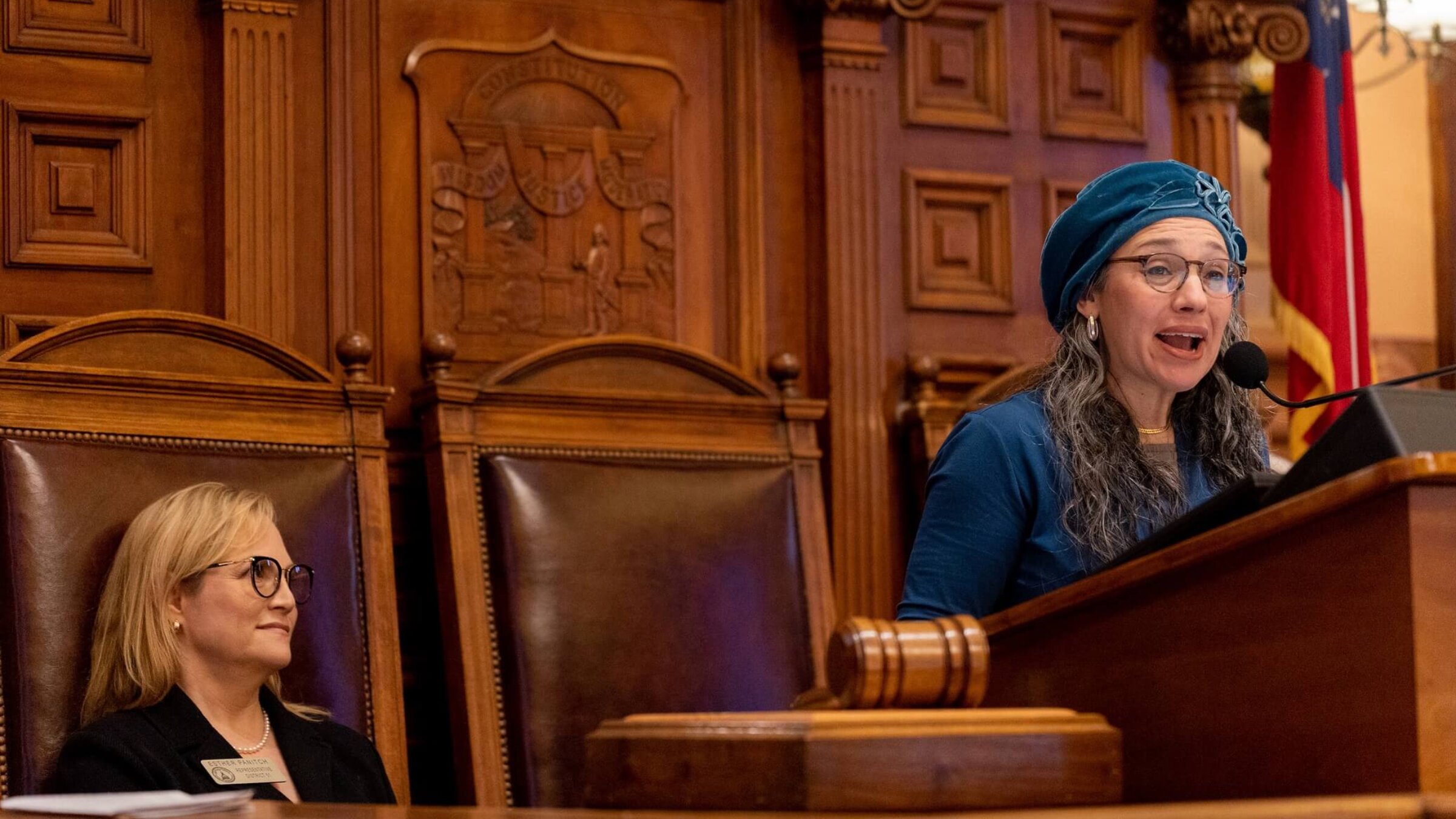 Rabbi Miriam Udel (right) and Rep. Esther Panitch in the chamber of the Georgia House of Representatives