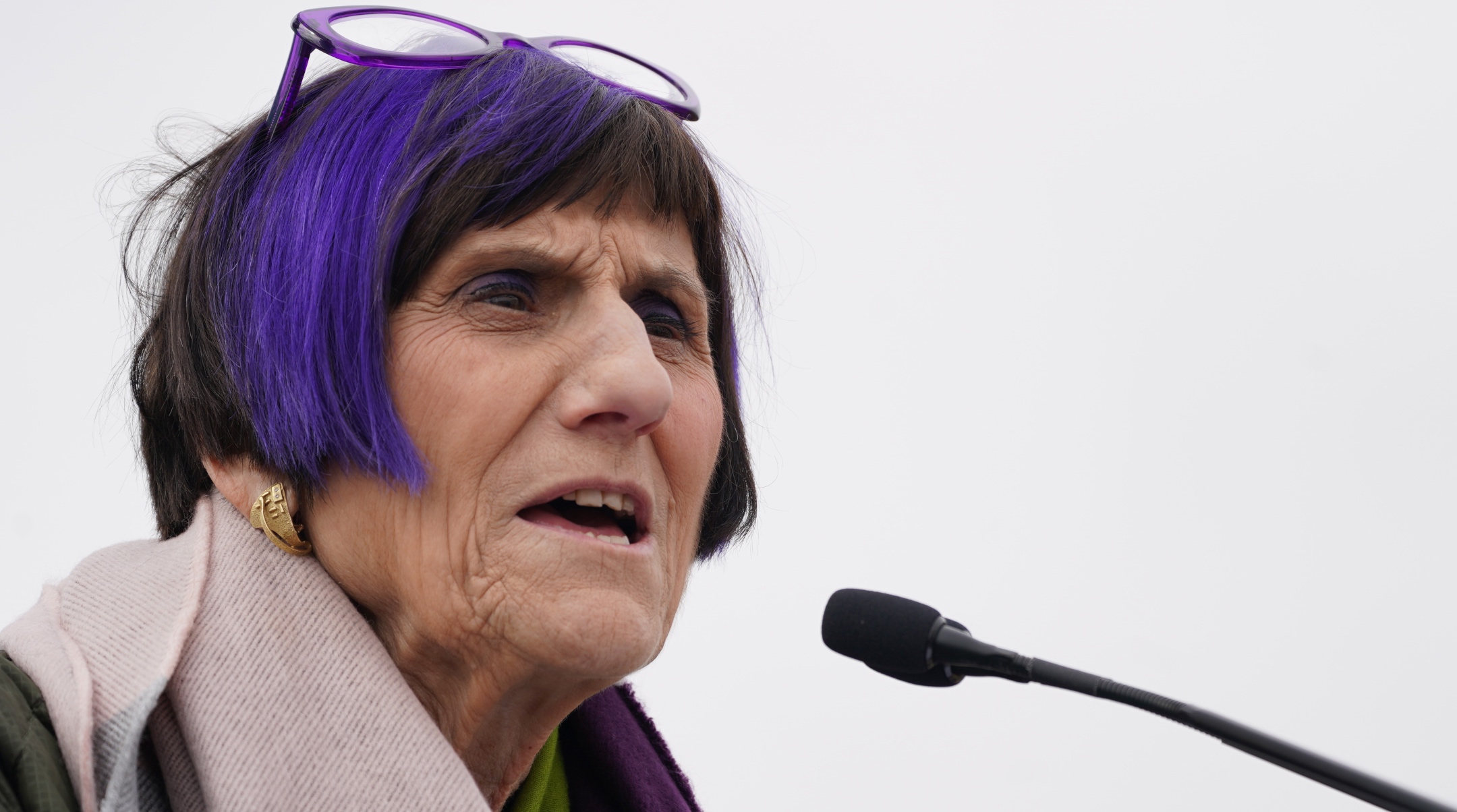 Rep. Rosa DeLauro, a Connecticut Democrat, speaks on stage as activists gather in Washington D.C. to advocate for sweeping Federal Care Legislation, Feb. 28, 2023. (Leigh Vogel/Getty Images for Allora Industries)