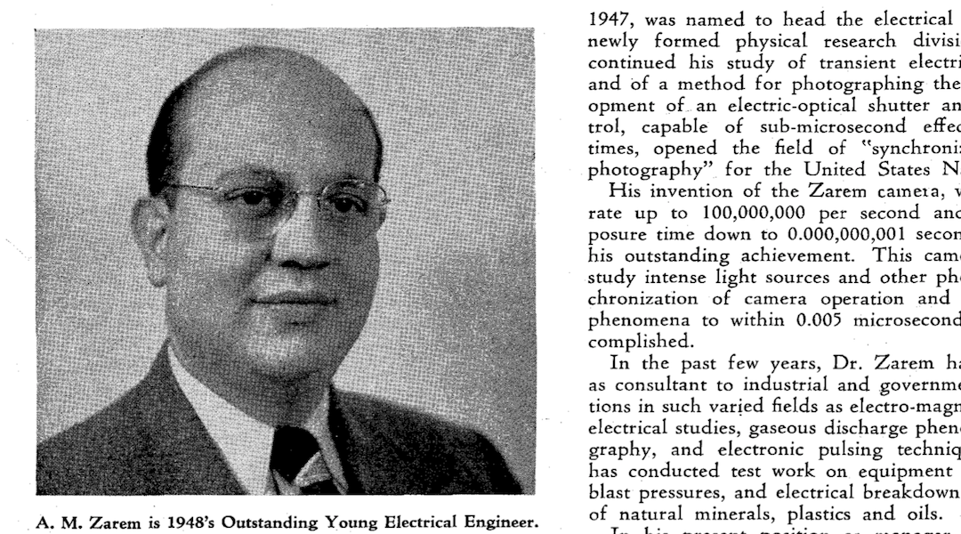 An item about Abraham Zarem appears in the January 1949 issue of “Engineering and Science Monthly,” a magazine for alumni of the California Institute of Technology.