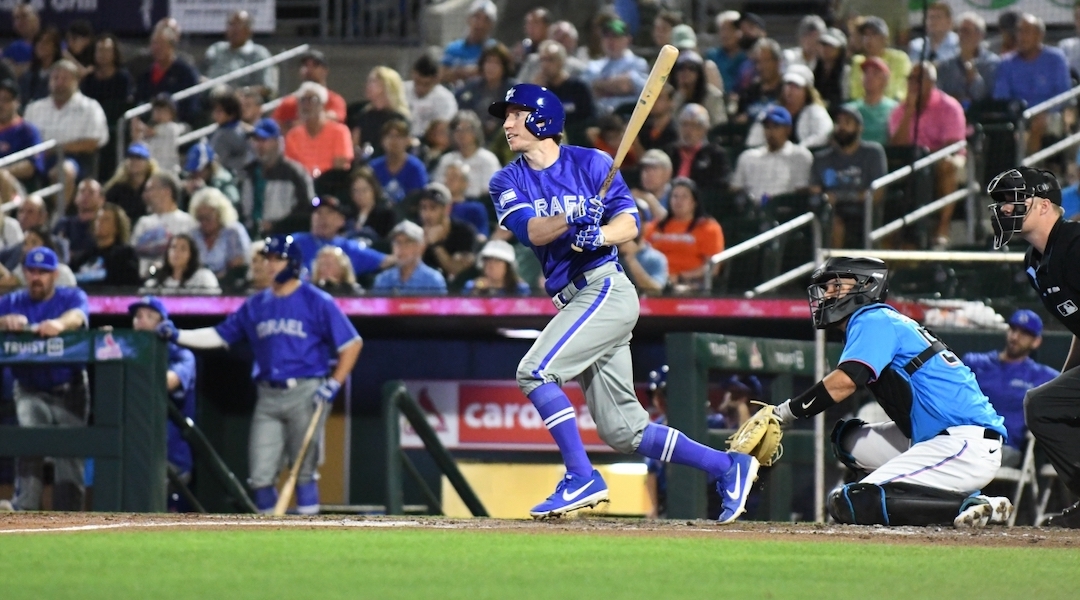 Ty Kelly bats during Israel’s exhibition game against the Miami Marlins, March 8, 2023 in Jupiter, Florida. (Emma Sharon/MLB)