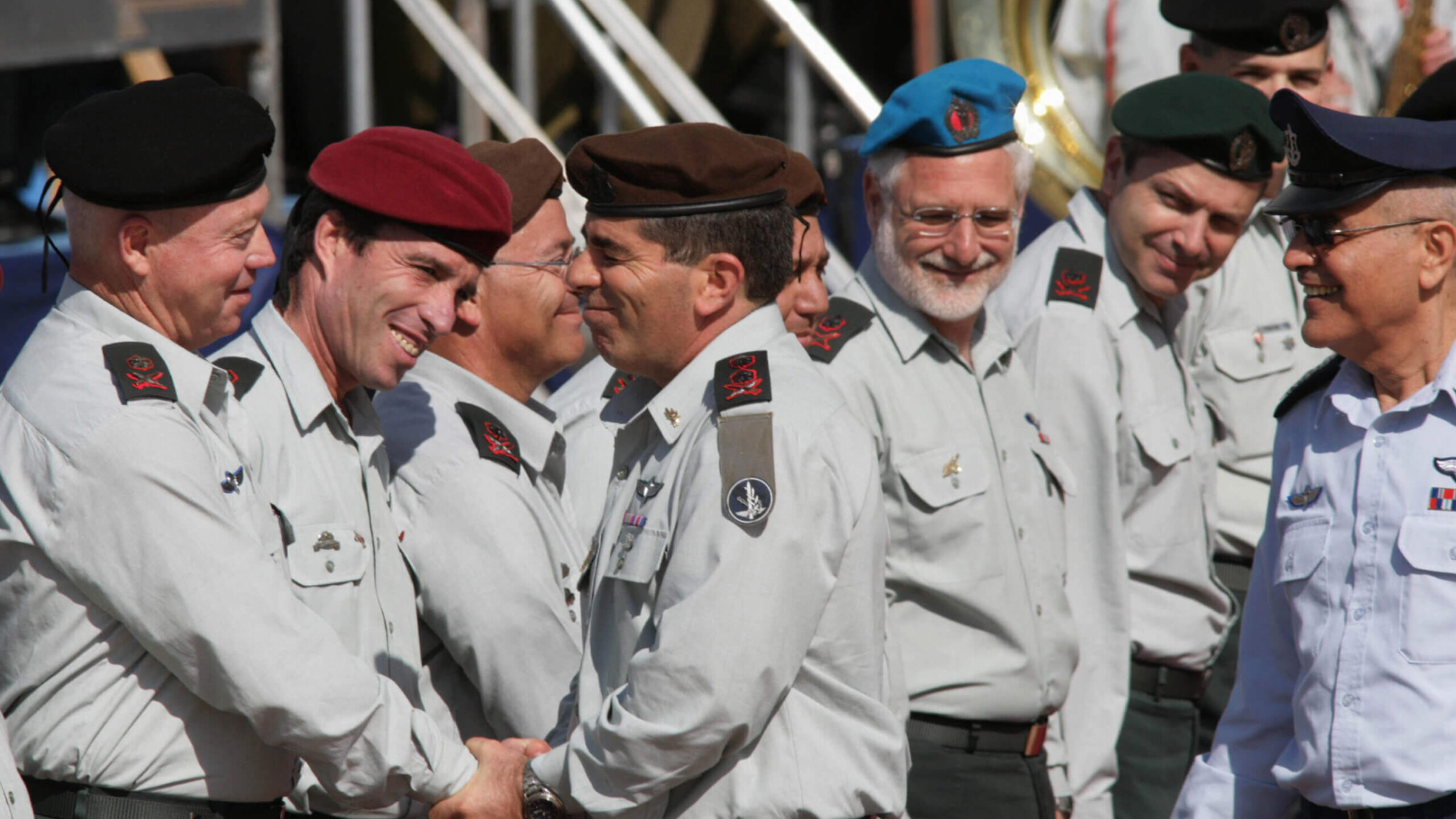 Lt. Gen. Gabi Ashkenazi, left, and Lt. Gen. Dan Halutz walk past army generals at IDF headquarters in 2007 in Tel Aviv.