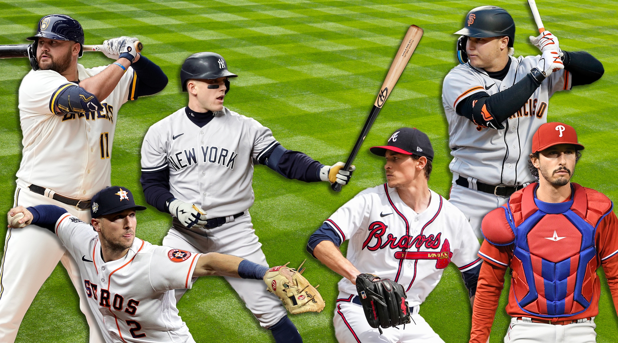 From left to right: Rowdy Tellez, Alex Bregman, Harrison Bader, Max Fried, Joc Pederson, Garrett Stubbs. (Getty Images; design by Mollie Suss)