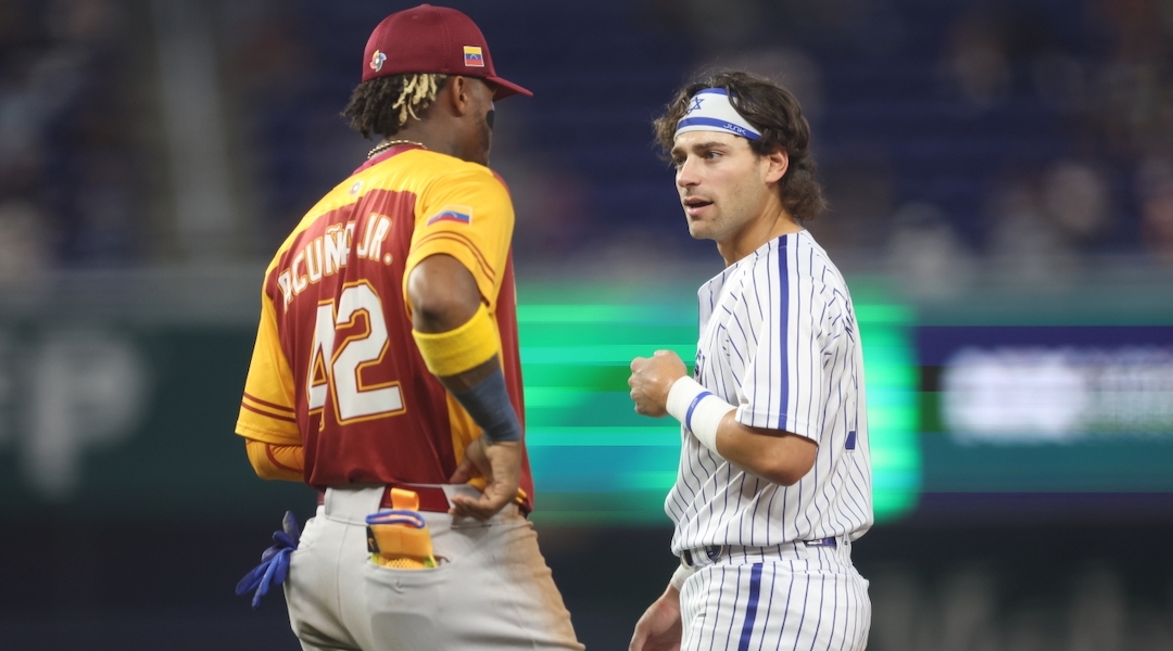 Team Israel player Noah Mendlinger with Venezeula star Ronald Acuña Jr. (MLB Photos)