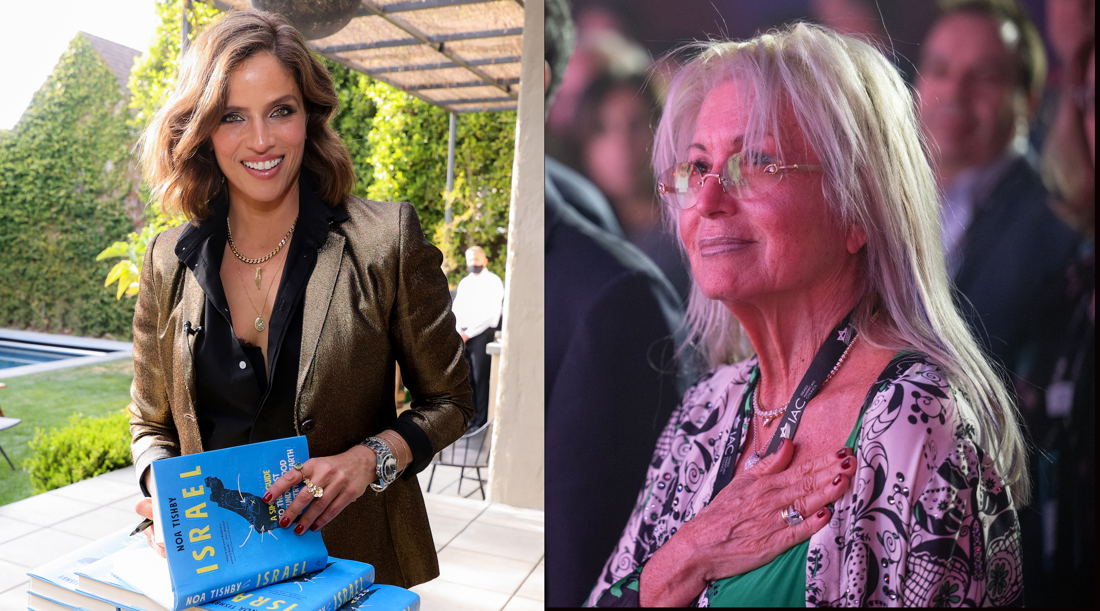 Left: Noa Tishby signs copies of her book “Israel: A Simple Guide” at a launch event in Los Angeles, April 6, 2021. (Rich Fury/Getty Images for Wolman Wealth Management) Right: Miriam Adelson attends the Israeli American Council’s national summit in Austin, Texas, Jan. 19, 2023. (Shahar Azran/Getty Images)