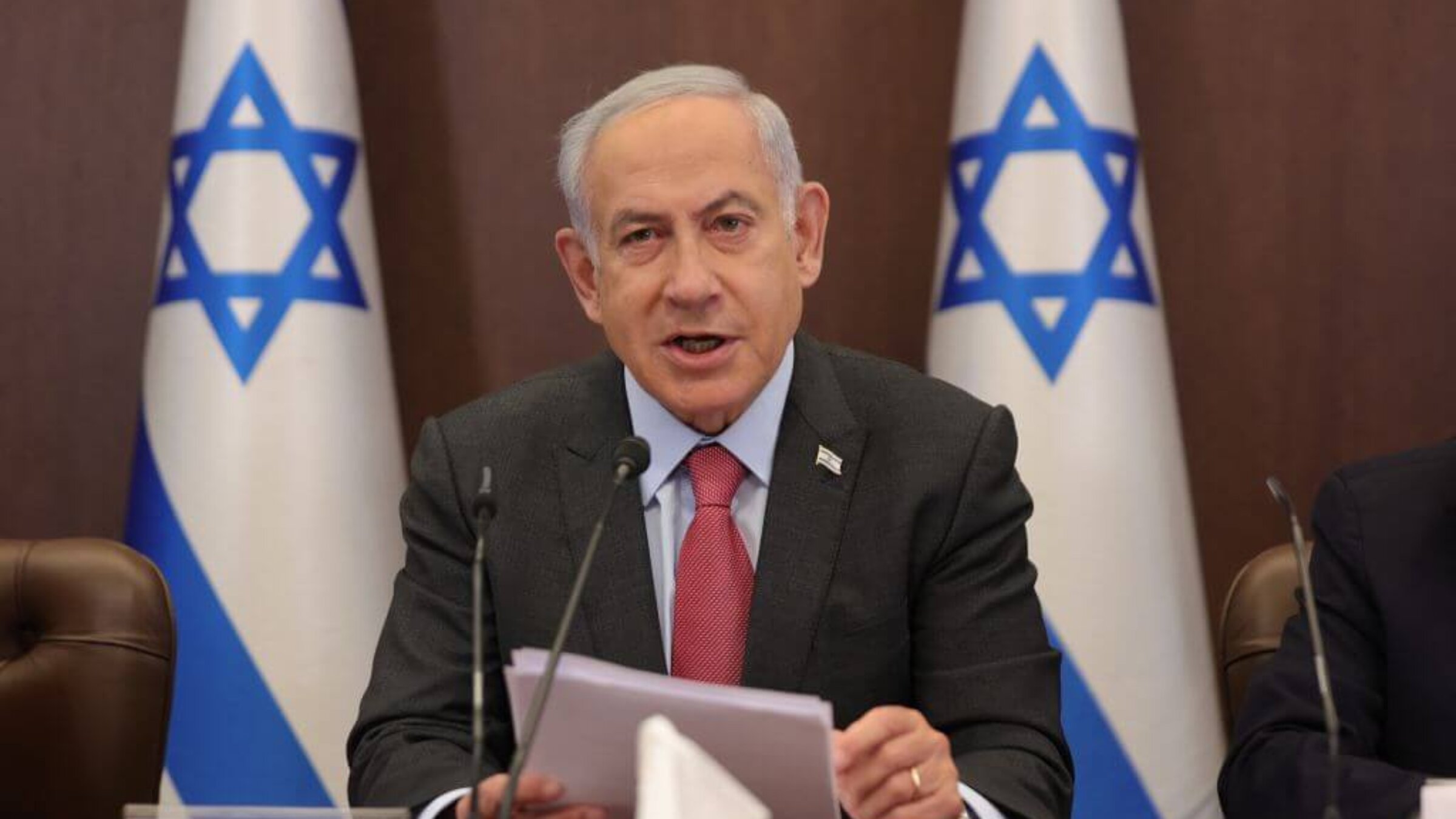 Israeli Prime Minister Benjamin Netanyahu attends the weekly cabinet meeting at his office in Jerusalem, on March 19, 2023.