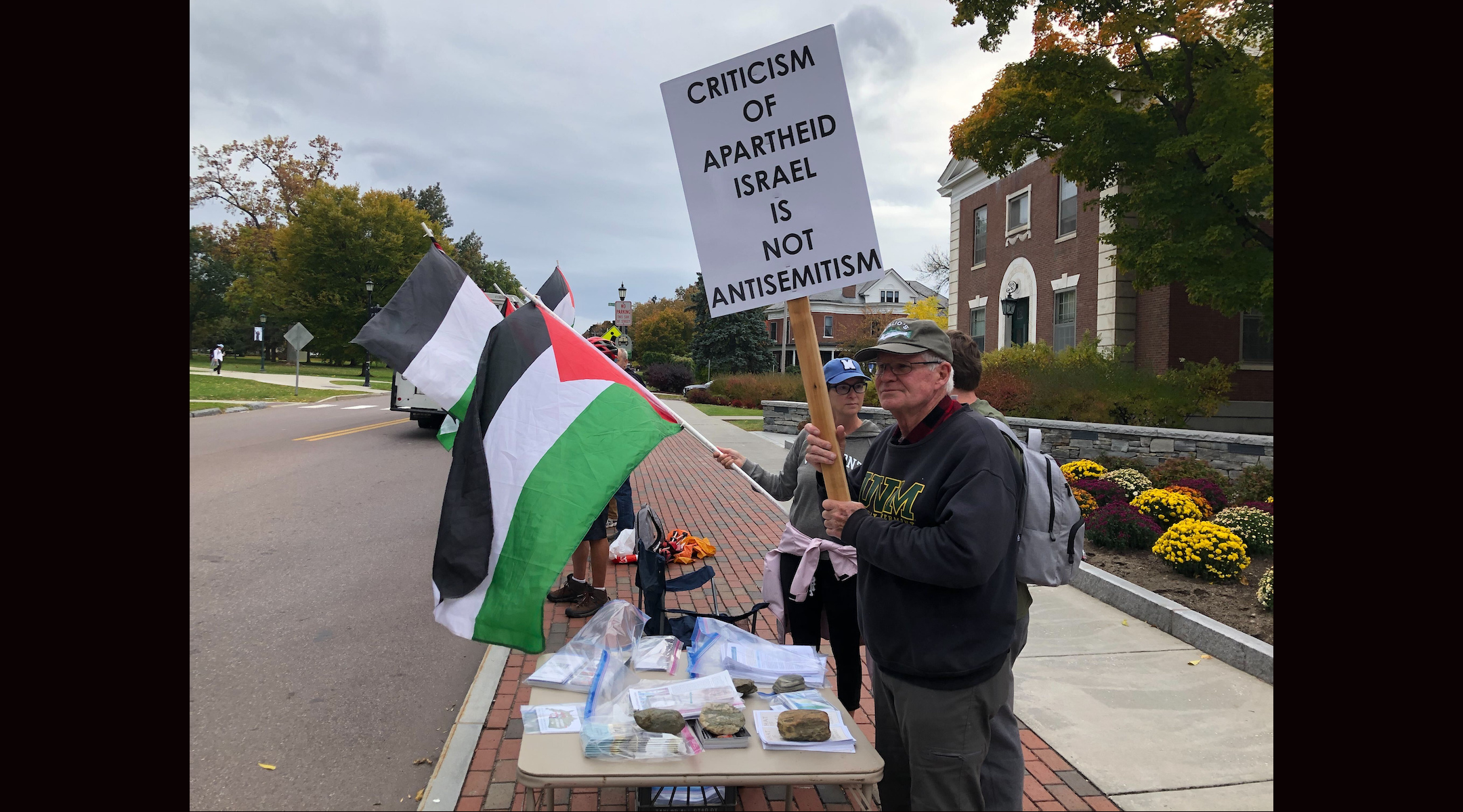 Pro-Palestinian protesters on the University of Vermont campus in Burlington backed the administration in a federal antisemitism investigation, October 13, 2022. The university announced in April 2023 it had resolved the complaint by pledging to do more to fight antisemitism. (Andrew Lapin/Jewish Telegraphic Agency)