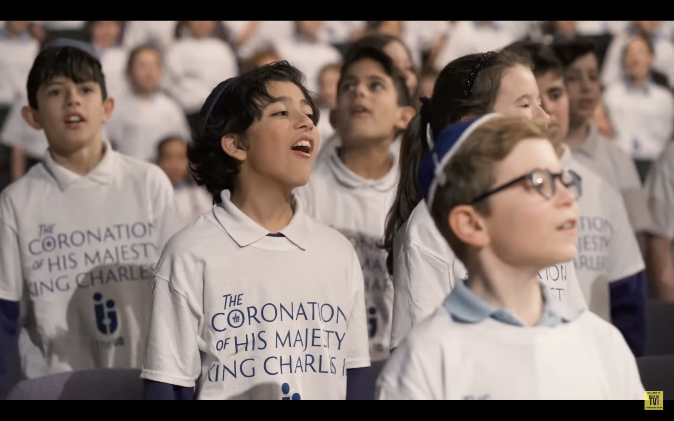 Children from British Jewish schools sing a new version of “Adon Olam” in honor of the coronation of King Charles III. (Screenshot from YouTube)