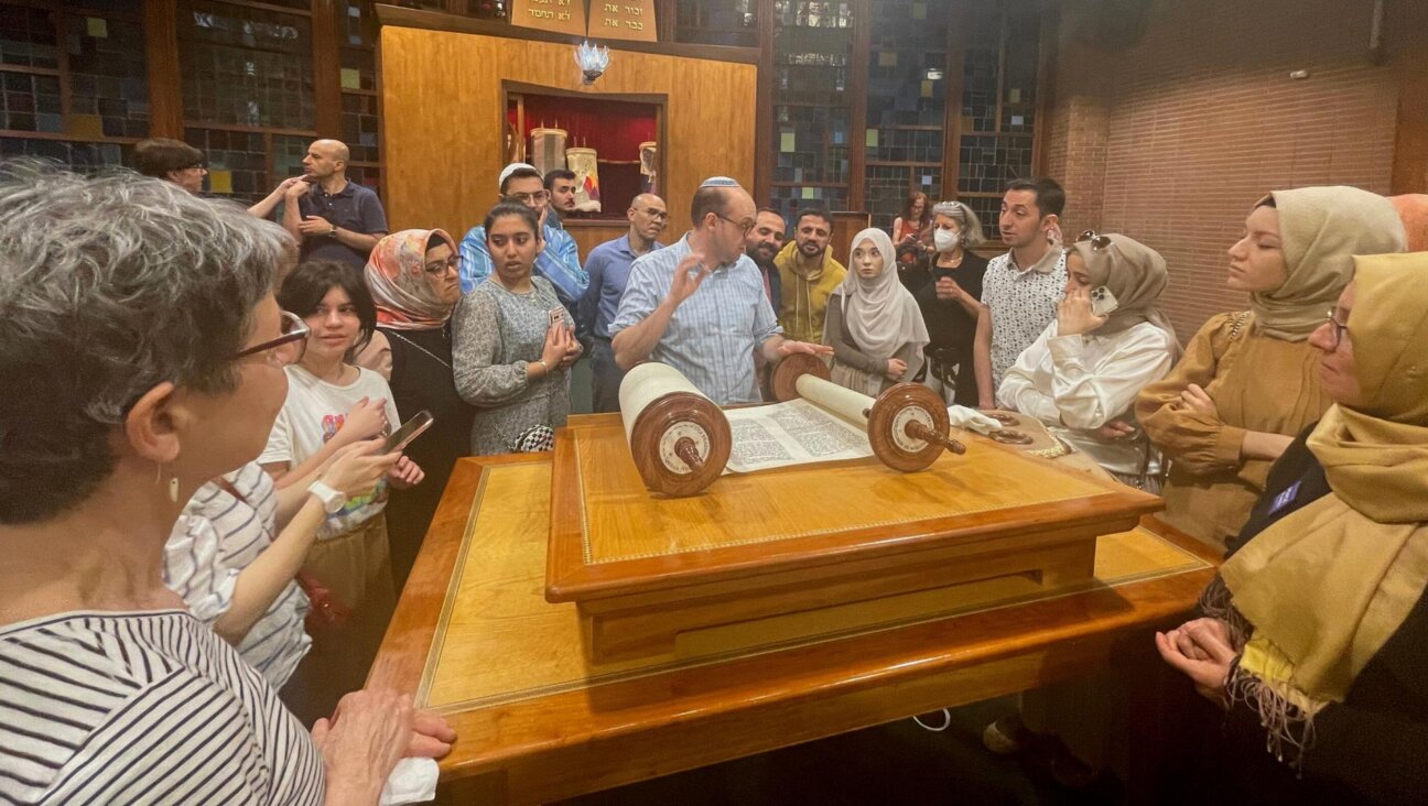 After dinner and kaddish, Rabbi Marc Katz showed our Muslim guests the synagogue’s new Torah. 