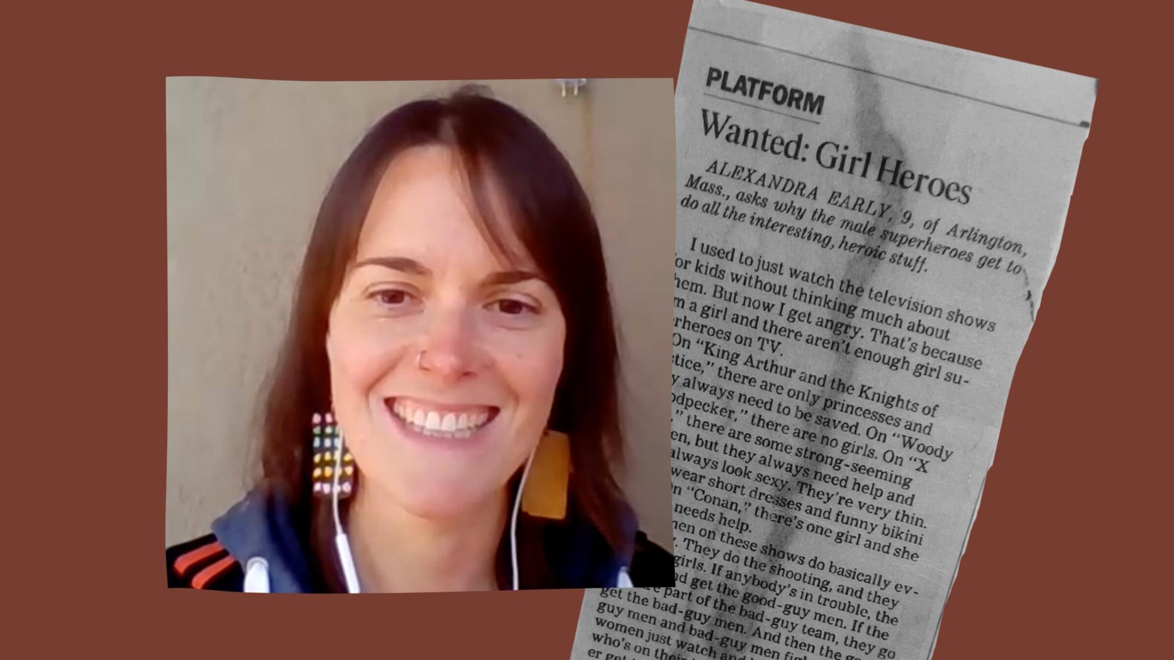 Alex Early, 38, via Zoom, and the Los Angles Times column she wrote at age 9. (Collage by Matthew Litman)