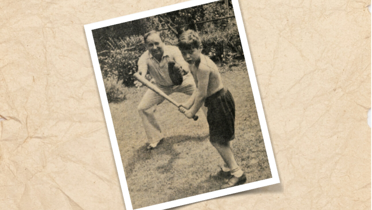 Jerry Izenberg, at bat, with his father Harry Izenberg.