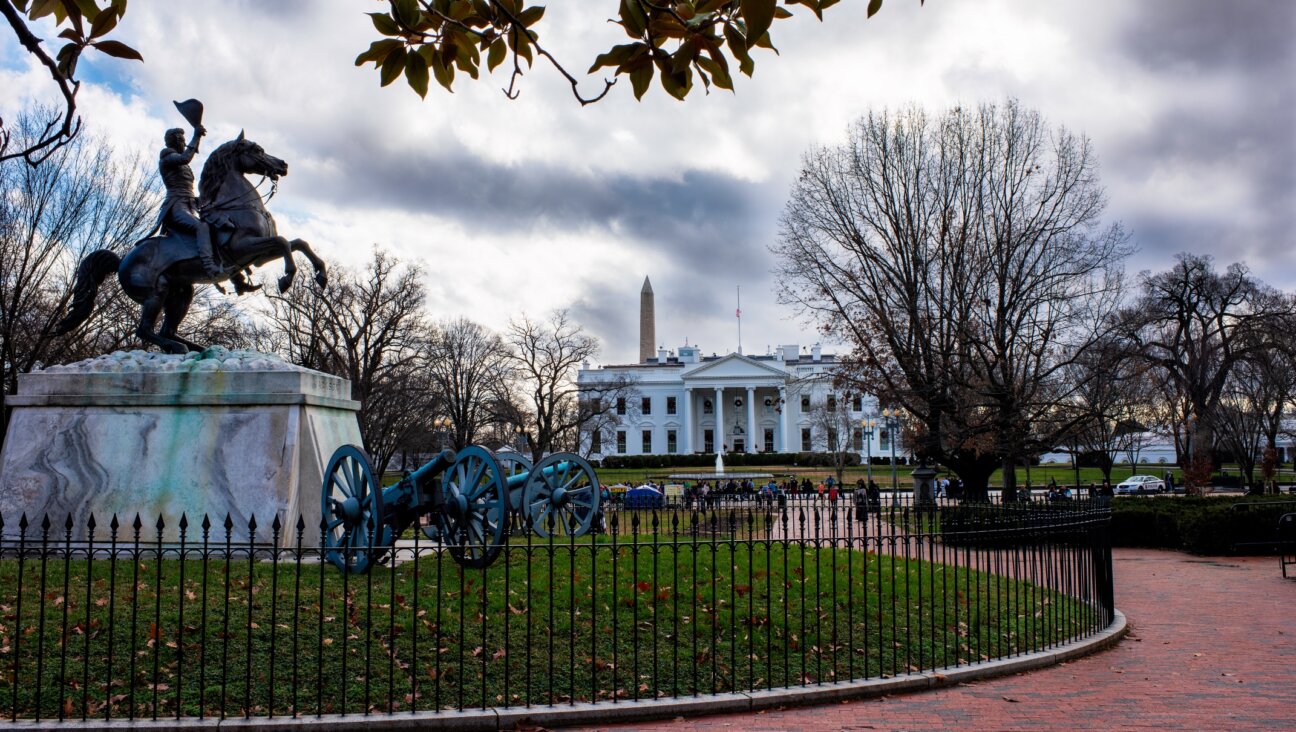 An undated photo of the equestrian statue of Andrew Jackson with historic cannons in the foreground on Lafayette Square, with the White House with crowds of visitors in the background, Washington D.C. (Getty Images)