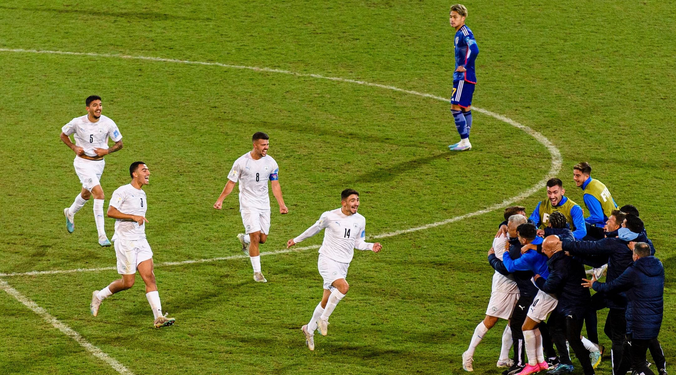 Israel players celebrate after beating Japan at the FIFA U-20 World Cup at Mendoza Stadium in Mendoza, Argentina, May 27, 2023. (Marcio Machado/Eurasia Sport Images/Getty Images)