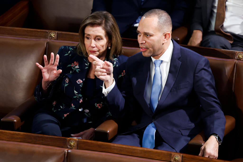 House Democratic Leader Hakeem Jeffries (D-NY) and Rep. Nancy Pelosi (D-CA) on January 06, 2023.