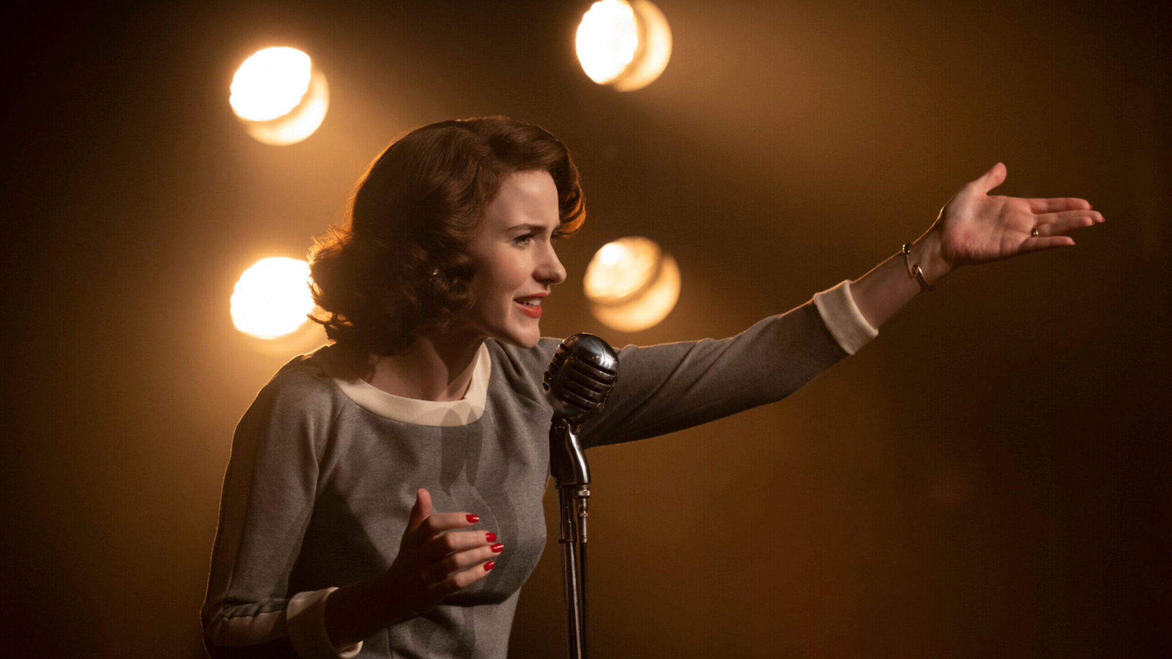 Rachel Brosnahan performing standup as Miriam 'Midge' Maisel in season 5 of 'The Marvelous Mrs. Maisel.'