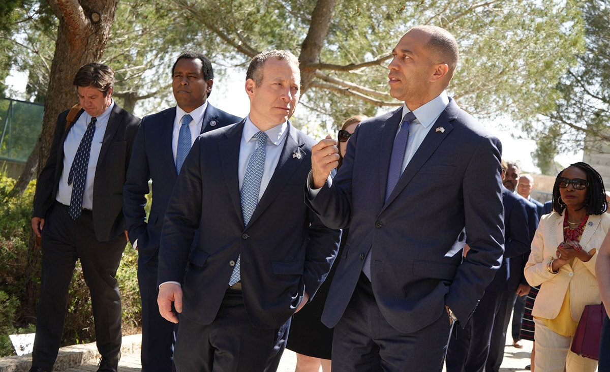 Rep. Josh Gottheimer (D-NJ) with House Minority Leader Hakeem Jeffries (D-NY) last week in Israel. (Courtesy)