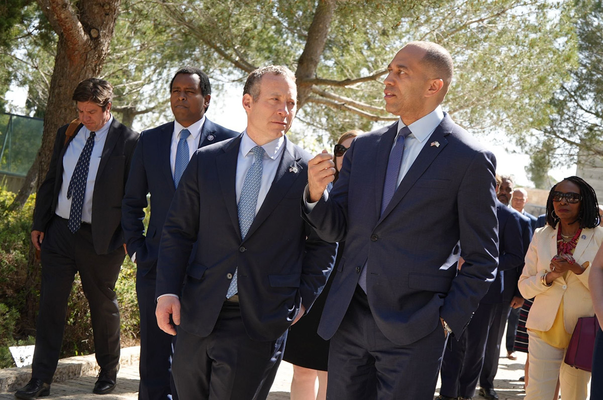 Rep. Josh Gottheimer (D-NJ) with House Minority Leader Hakeem Jeffries (D-NY) last week in Israel. (Courtesy)