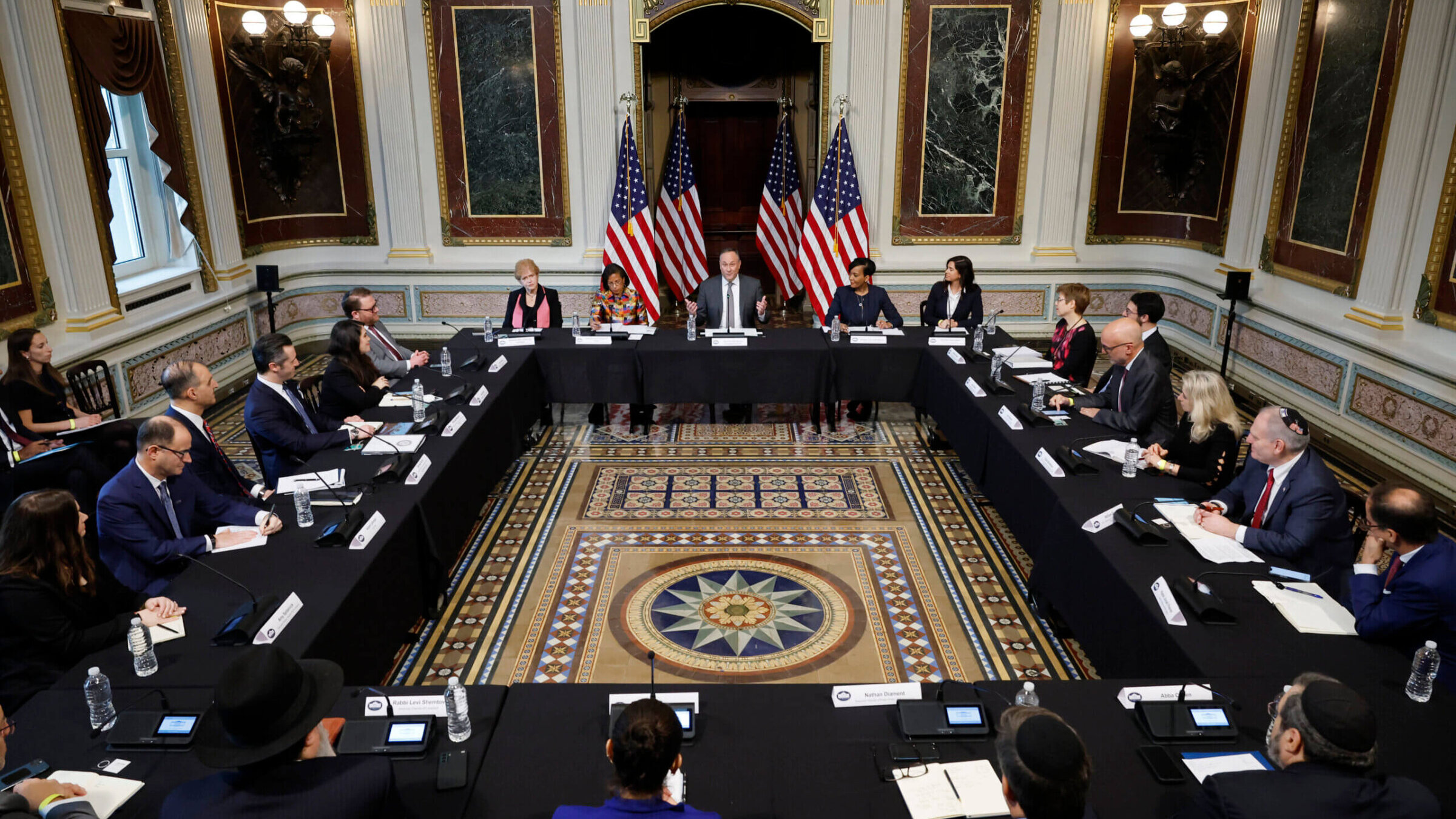 Second gentleman Douglas Emhoff (C), husband of Vice President Kamala Harris, delivers remarks during a roundtable about the rise of antisemitism in the Indian Treaty Room at the Eisenhower Executive Office Building on December 07, 2022 in Washington, DC. Jewish leaders and members of the Biden Administration discussed the recent rise in antisemitic threats and violence and what the White House is doing to combat it.  