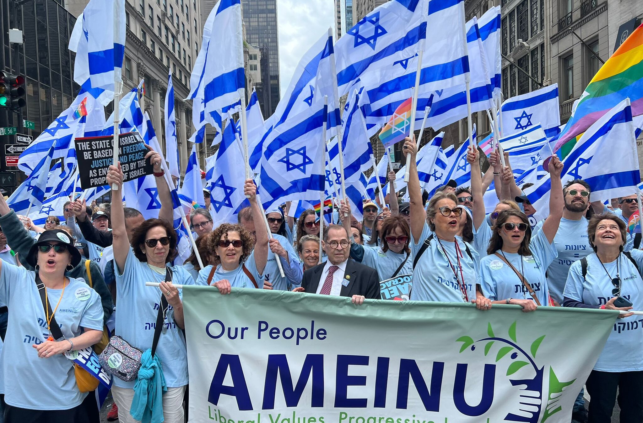 Some 40,000 people marched in this year’s Celebrate Israel parade, marking Israel’s 75th birthday, including pro-democracy activists from Ameinu, the former Labor Zionist Alliance, who were joined by Rep. Jerry Nadler. (Steve Talmud)