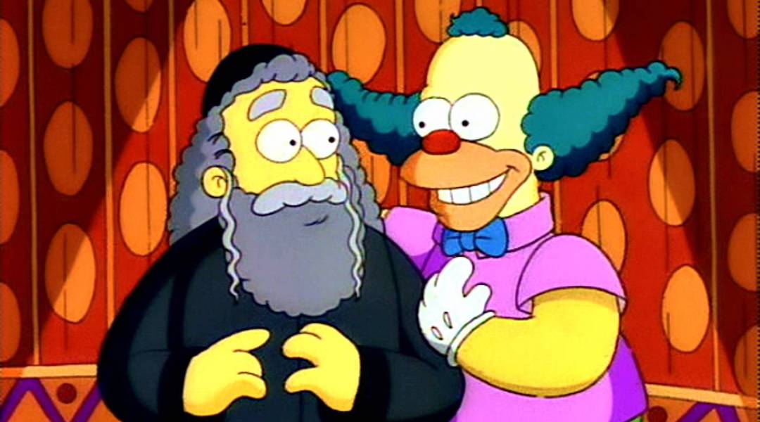 Krusty the Clown, right, and his father, Rabbi Hyman Krustofsky, were fictional characters in “The Simpsons.” But there is a very real history of Jews and the circus. (20th Television Animation)