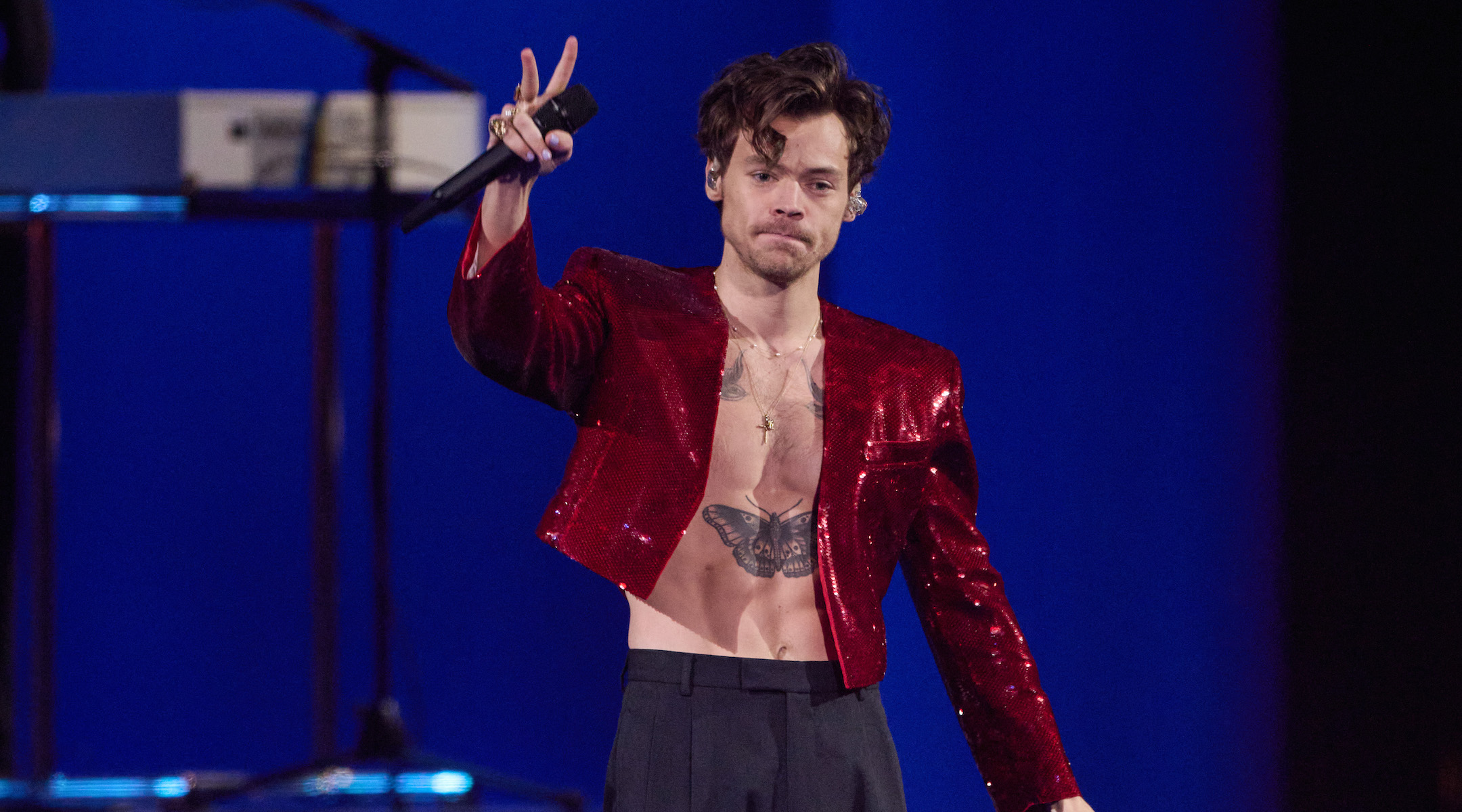 Harry Styles performs at the Brit Awards in the O2 Arena in London, Feb. 11, 2023. (Gareth Cattermole/Gareth Cattermole/Getty Images)