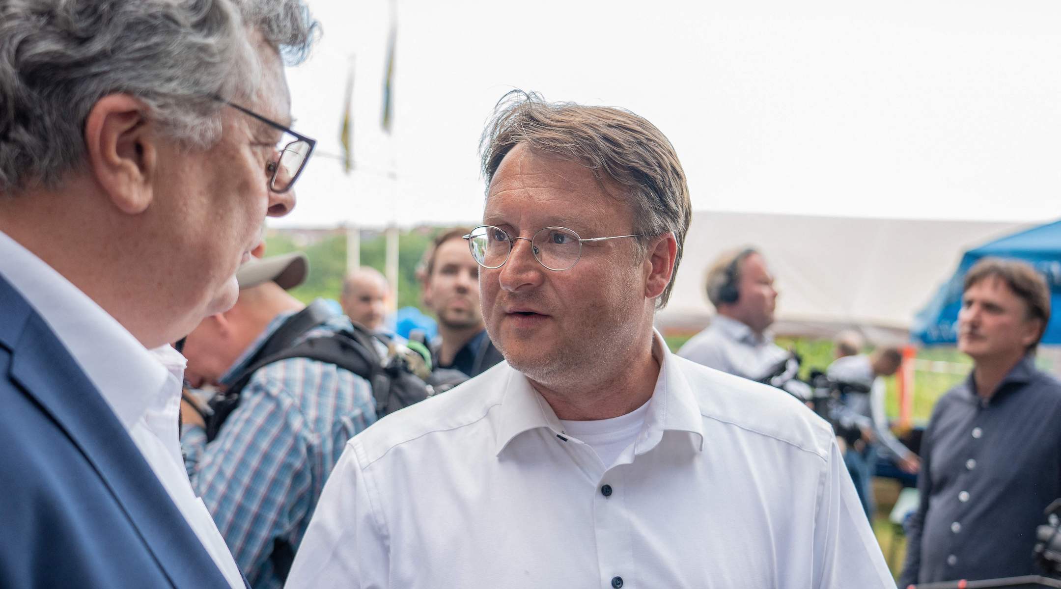 Robert Sesselmann, in white, attends an AfD election event in Sonneberg, eastern Germany, June 25, 2023. (Ferdinand Merzbach/News5/AFP via Getty Images)