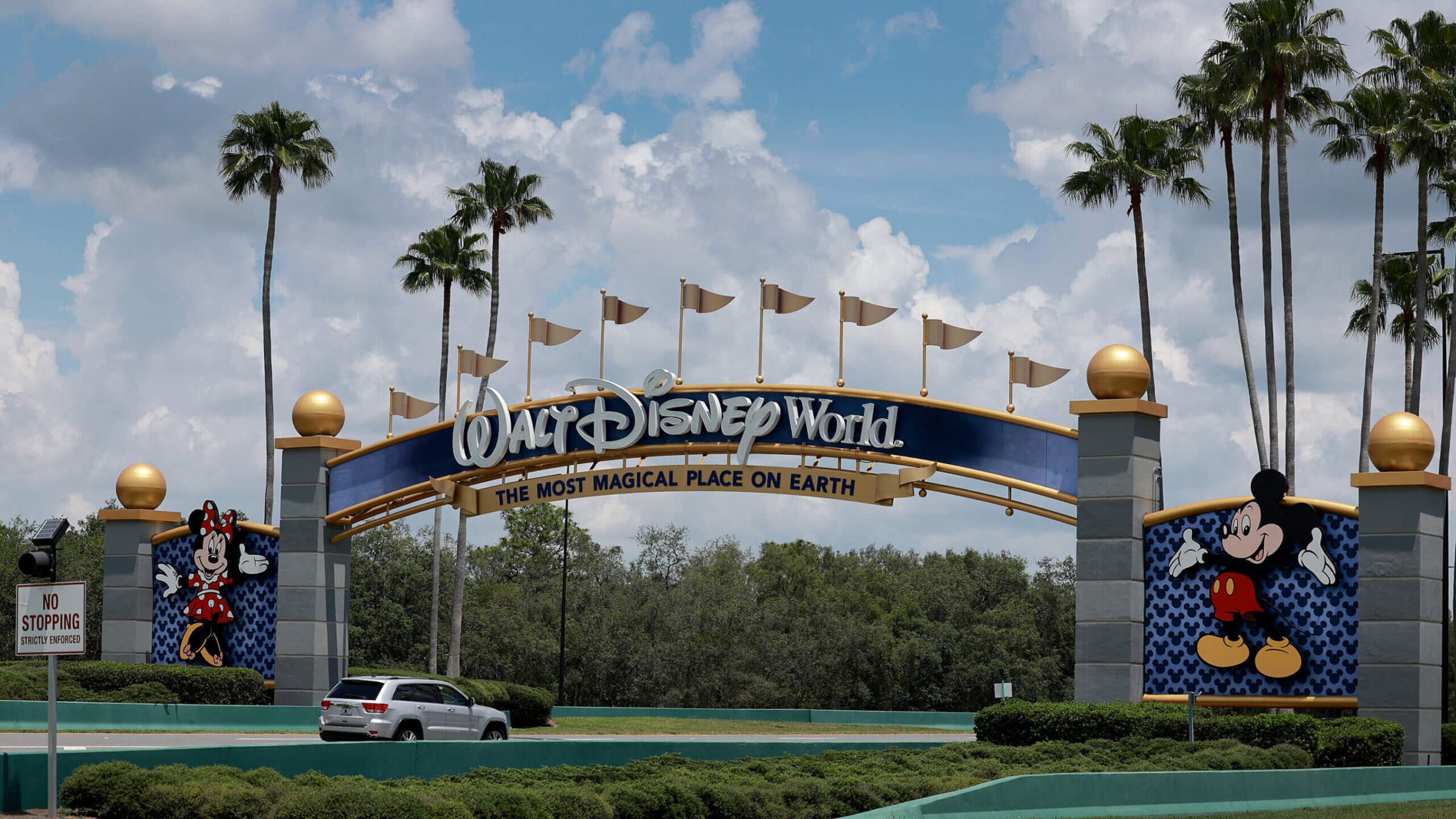 A sign near an entranceway to Walt Disney World on May 22, 2023 in Orlando, Florida.  