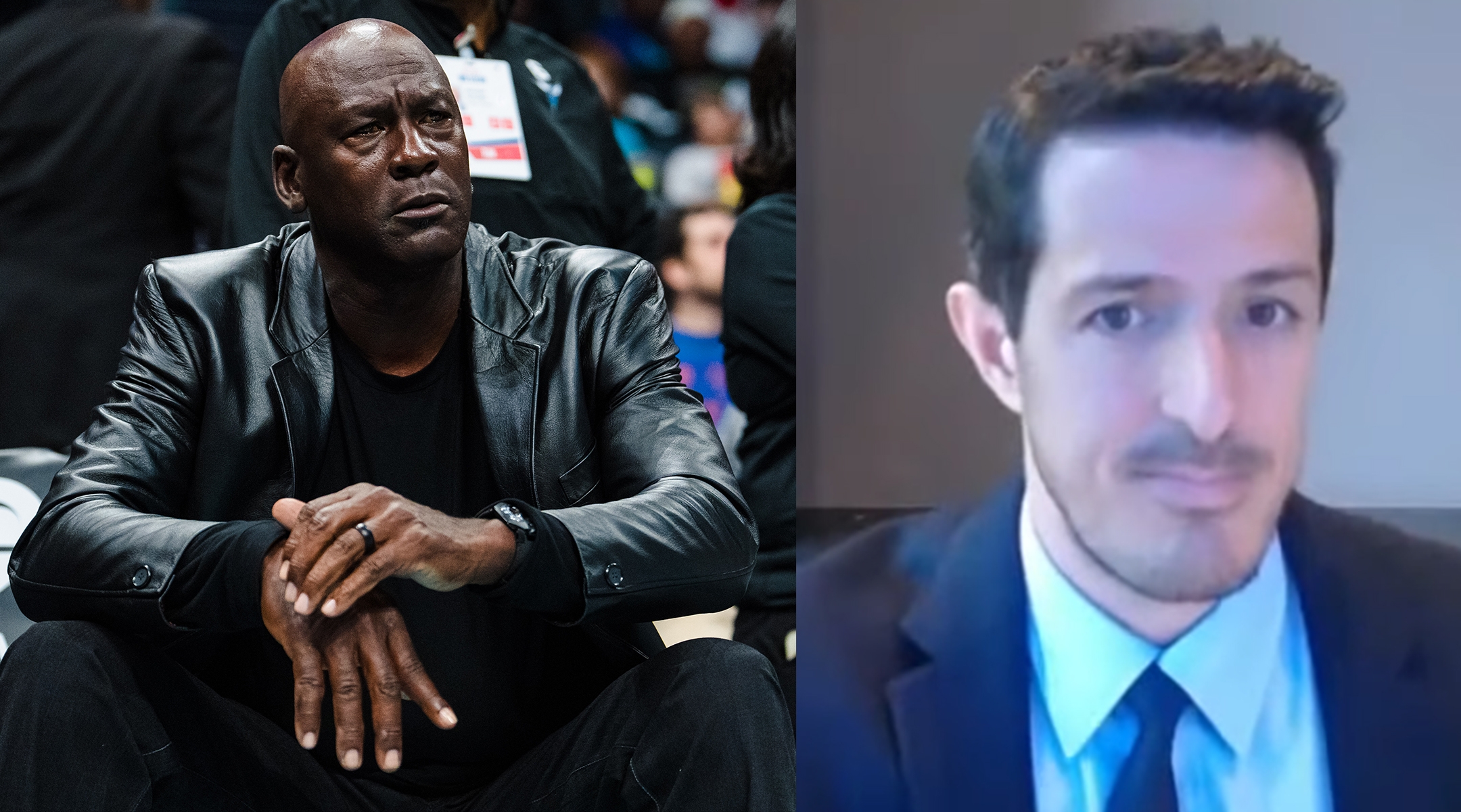 Michael Jordan, left, is selling his majority stake in the Charlotte Hornets to a group led by Gabe Plotkin, right. (Jacob Kupferman/Getty Images; Wikimedia Commons)