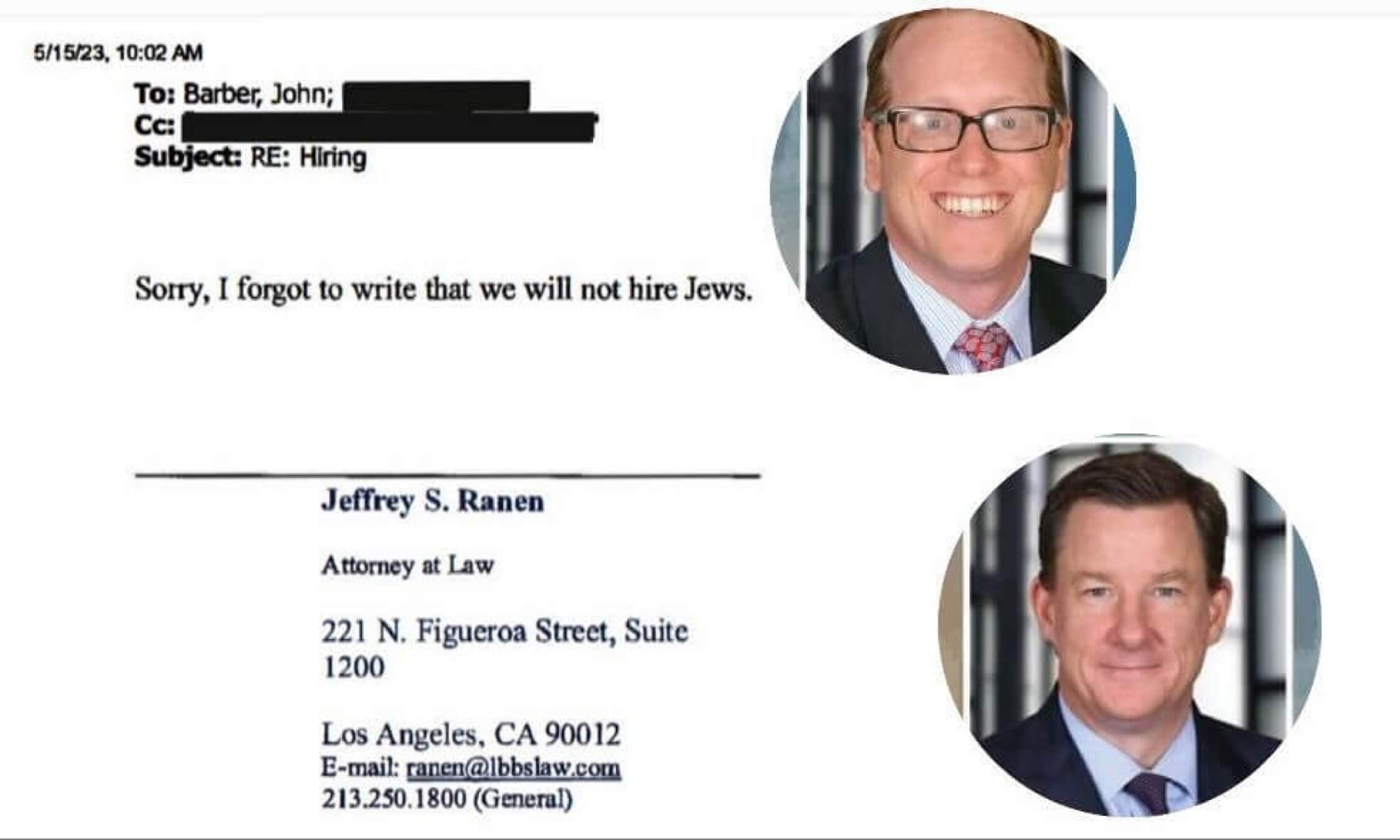 Part of an email thread between John Barber and Jeff Ranen, two law firm partners who quit Lewis Brisbois on May 2, 2023