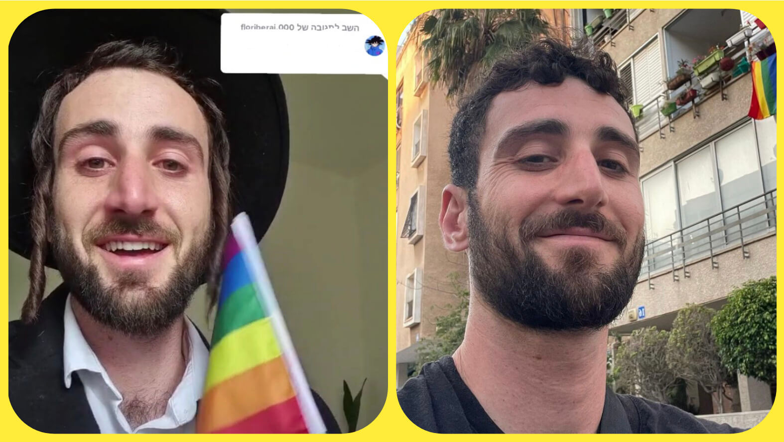 Yaakov Levi, left, was the moniker of a popular Haredi TikTok account revealed to be a secular Israeli named Erez Oved. (Screenshots via TikTok/@this.is.kosher; Instagram/@erezoved)