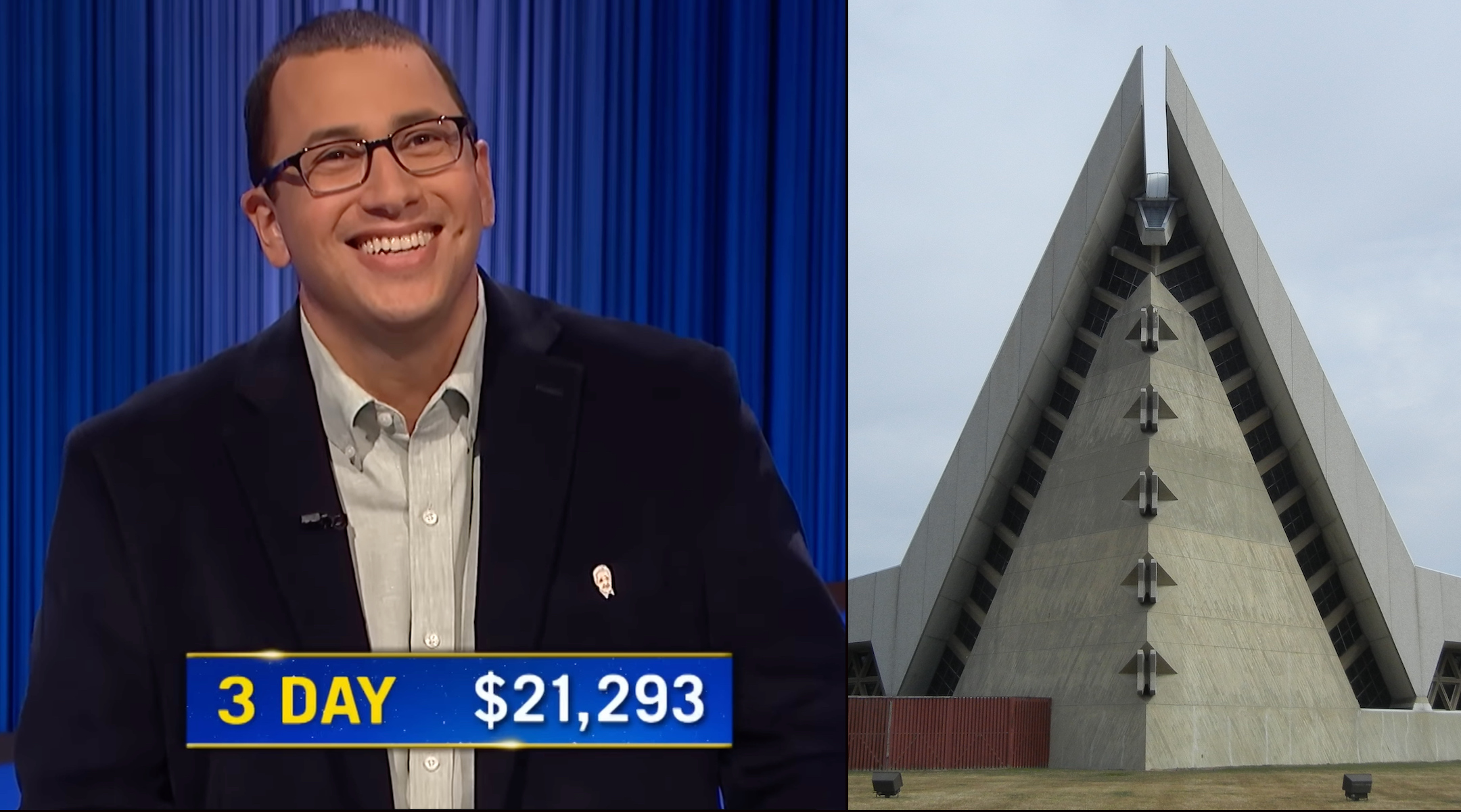 Ben Goldstein is on a “Jeopardy!” winning streak despite missing a clue about a notable synagogue, Congregation Shaarey Zedek in Southfield, Michigan, 45 minutes from his home. (Screenshot; synagogue from Wikimedia Commons)