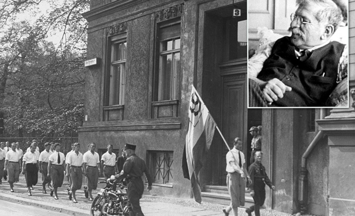 Students organized by the Nazi party in 1933 parade in front of the Institute for Sexual Research, founded by Magnus Hirschfeld, inset. (Wikimedia)