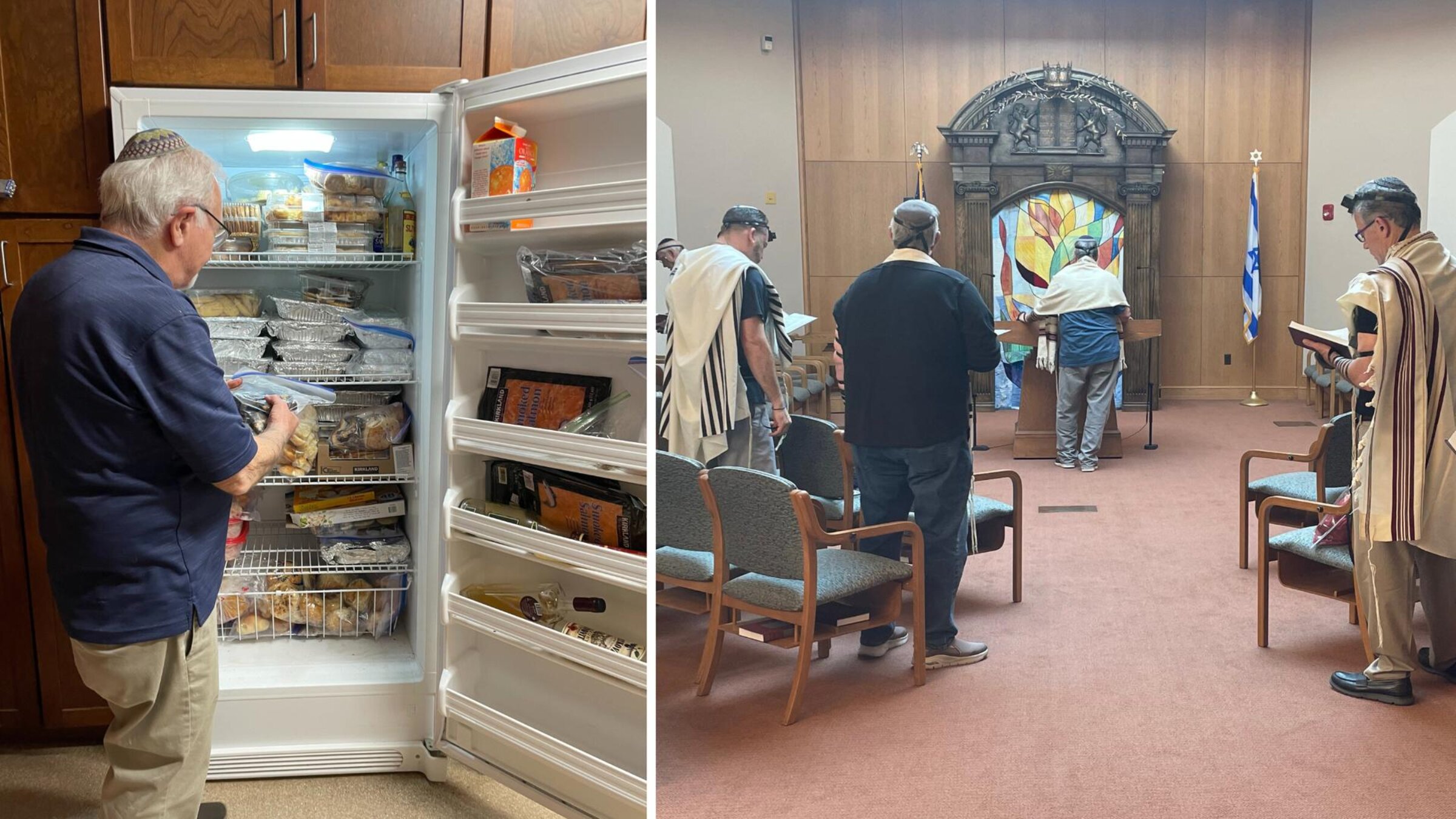 Jerry Gordon, left, makes the Costco runs to keep the freezer stocked for the morning minyan, right. 