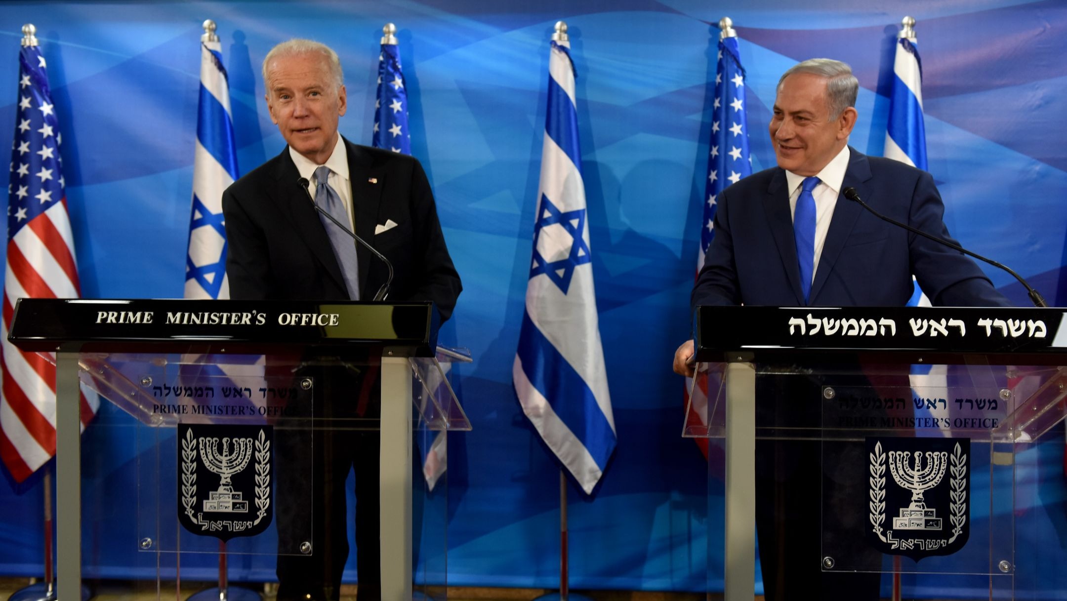 Then-Vice President Joe Biden, left, and Israeli Prime Minister Benjamin Netanyahu give joint statements to the press in the prime minister's office in Jerusalem, on March 9, 2016.