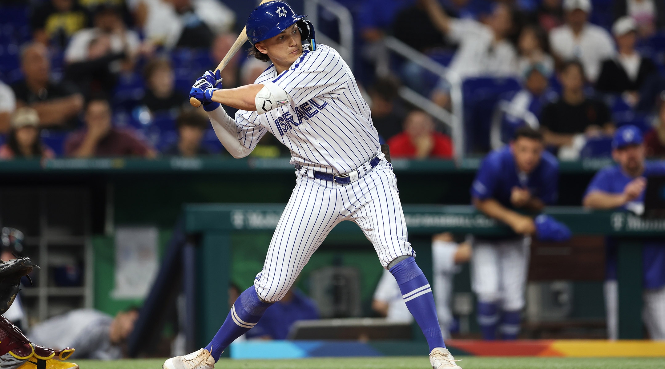 Zack Gelof bats during a World Baseball Classic game between Team Venezuela and Team Israel in Miami, March 15, 2023. (Rob Tringali/WBCI/MLB Photos via Getty Images)