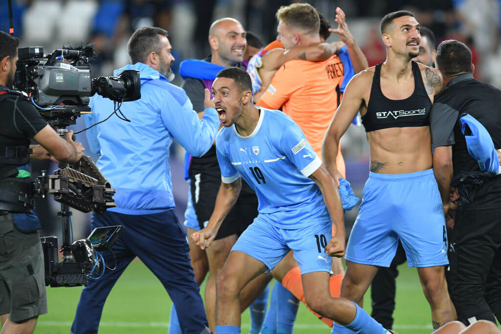 Israel's Under-21 national soccer team celebrates after defeating Georgia in the European Championship quarter-finals on July 1, 2023 in Tbilisi, Georgia.