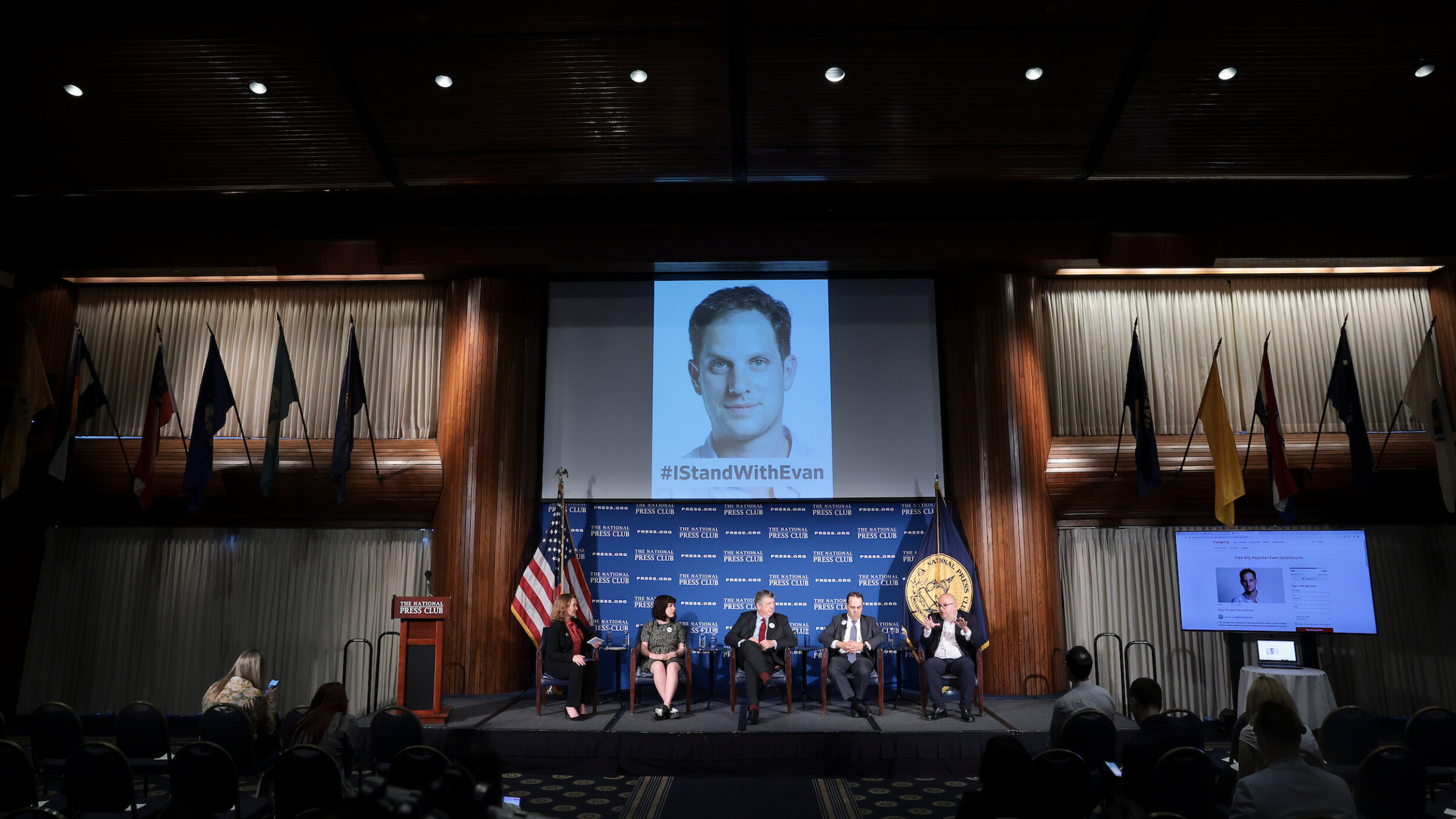 Panelists speak during a National Press Club event highlighting Wall Street Journal reporter Evan Gershkovich's extended detention.