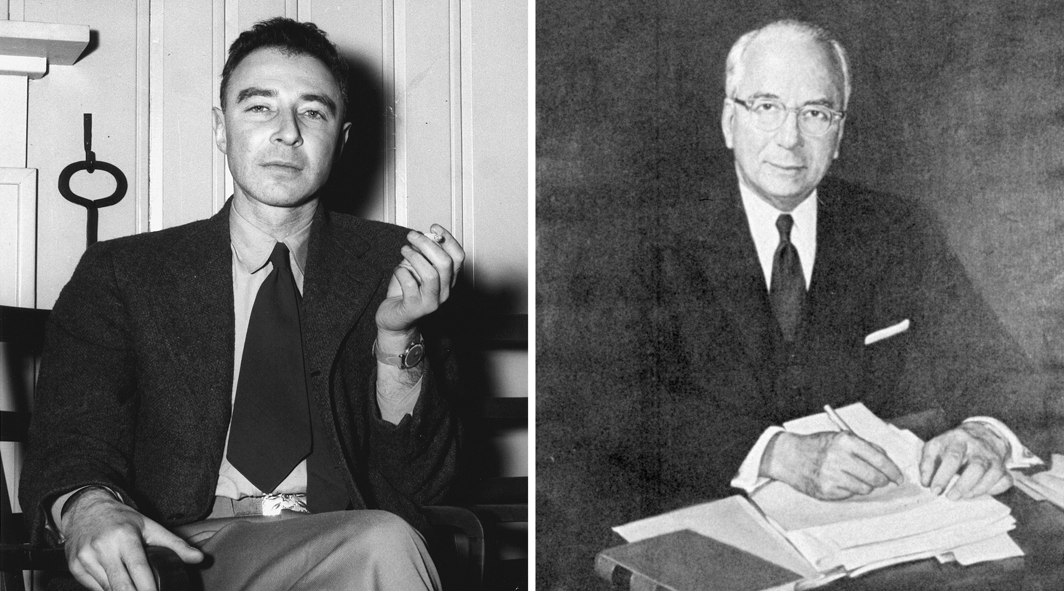 J. Robert Oppenheimer, left, at the Guest Lodge in Oak Ridge, Tennessee, 1946. (Ed Westcott/DOE Digital Archive Image); Lewis Strauss when he was Acting Secretary of Commerce, 1958-59. (National Oceanic and Atmospheric Administration/Department of Commerce)