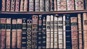 An illustration showing a shelf filled with antique books.