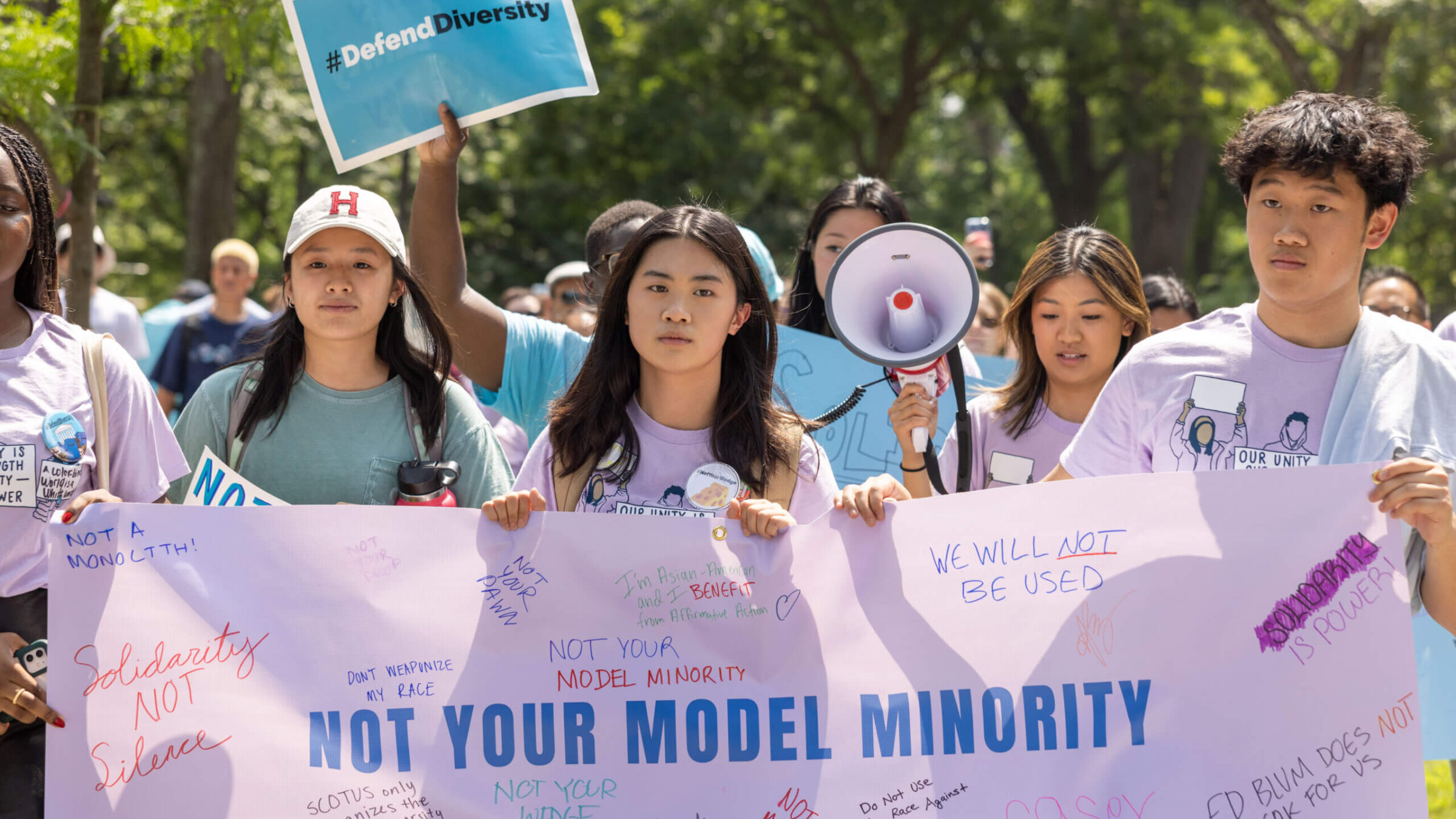 Students and others march through Harvard University in support of affirmative action after the Supreme Court ruling on July 1, 2023 in Cambridge, Massachusetts. The Supreme Court's landmark decision on Thursday to gut affirmative action has made it unlawful for colleges to take race into consideration as a specific factor in admissions. 