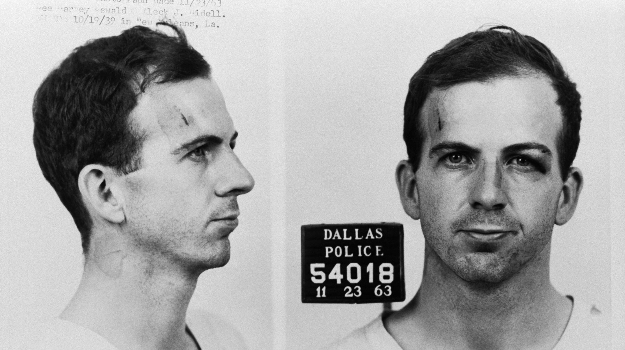 The Dallas Police Department mug shots of Lee Harvey Oswald following his arrest for possible involvement in the John F Kennedy assassination and the murder of Officer JD Tippit. (Corbis via Getty Images)