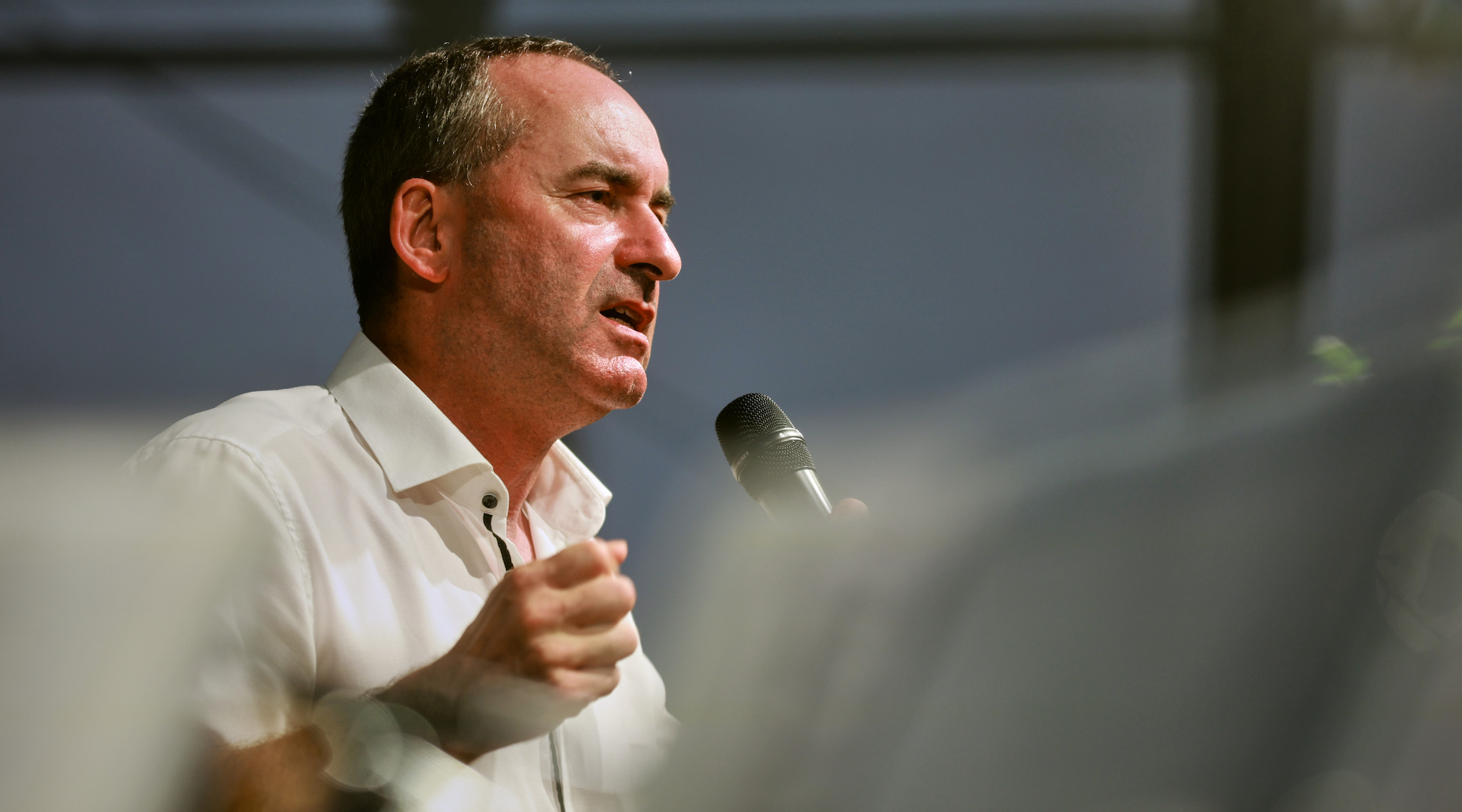 Hubert Aiwanger, head of the Free Voters party, campaigns ahead of Bavarian state elections in Maisach, Germany, July 24, 2023. (Johannes Simon/Getty Images)