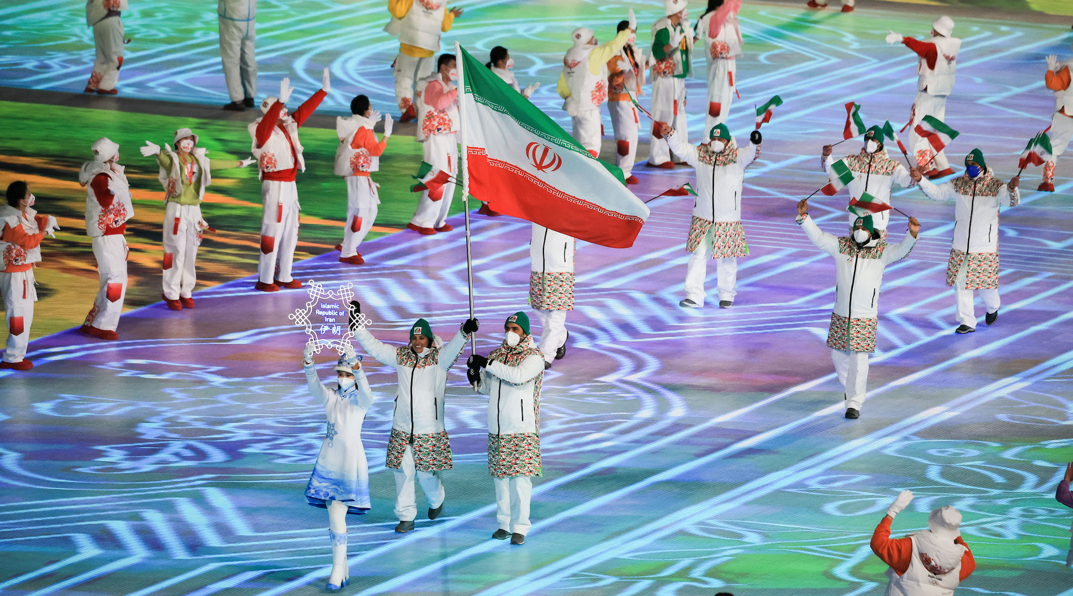 Iran’s athlete delegation at the 2022 Beijing Olympics. (Lu Lin/CHINASPORTS/VCG via Getty Images)