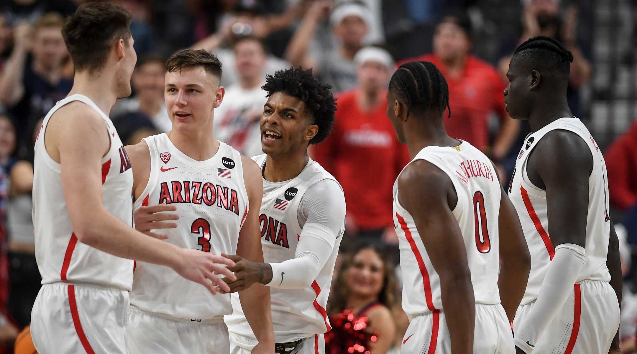 The Arizona Wildcats celebrate during the semifinal PAC-12 conference tournament game at T-Mobile Arena in Las Vegas, March 11, 2022. (AAron Ontiveroz/MediaNews Group/The Denver Post via Getty Images)