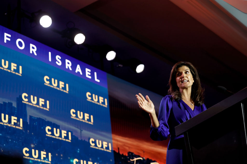 GOP presidential candidate Nikki Haley at the Christians United for Israel summit last month in Virginia. (Getty)