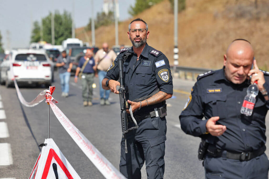 Israeli forces gather at the scene of a ramming attack at a checkpoint near Modiin, in the Israeli occupied West Bank, on August 31, 2023.