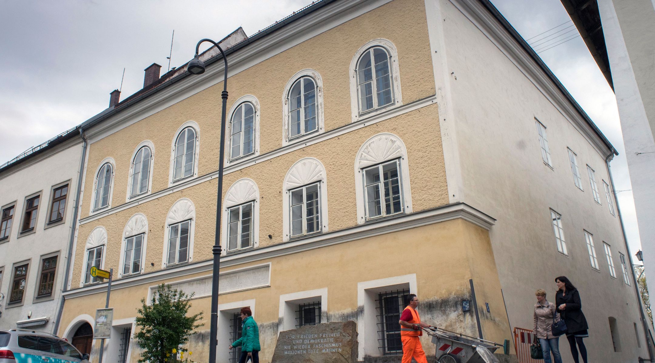 A memorial stone stands outside the house where Adolf Hitler was born in Braunau Am Inn, Austria on April 18, 2015. (Joe Klamar/AFP via Getty Images)