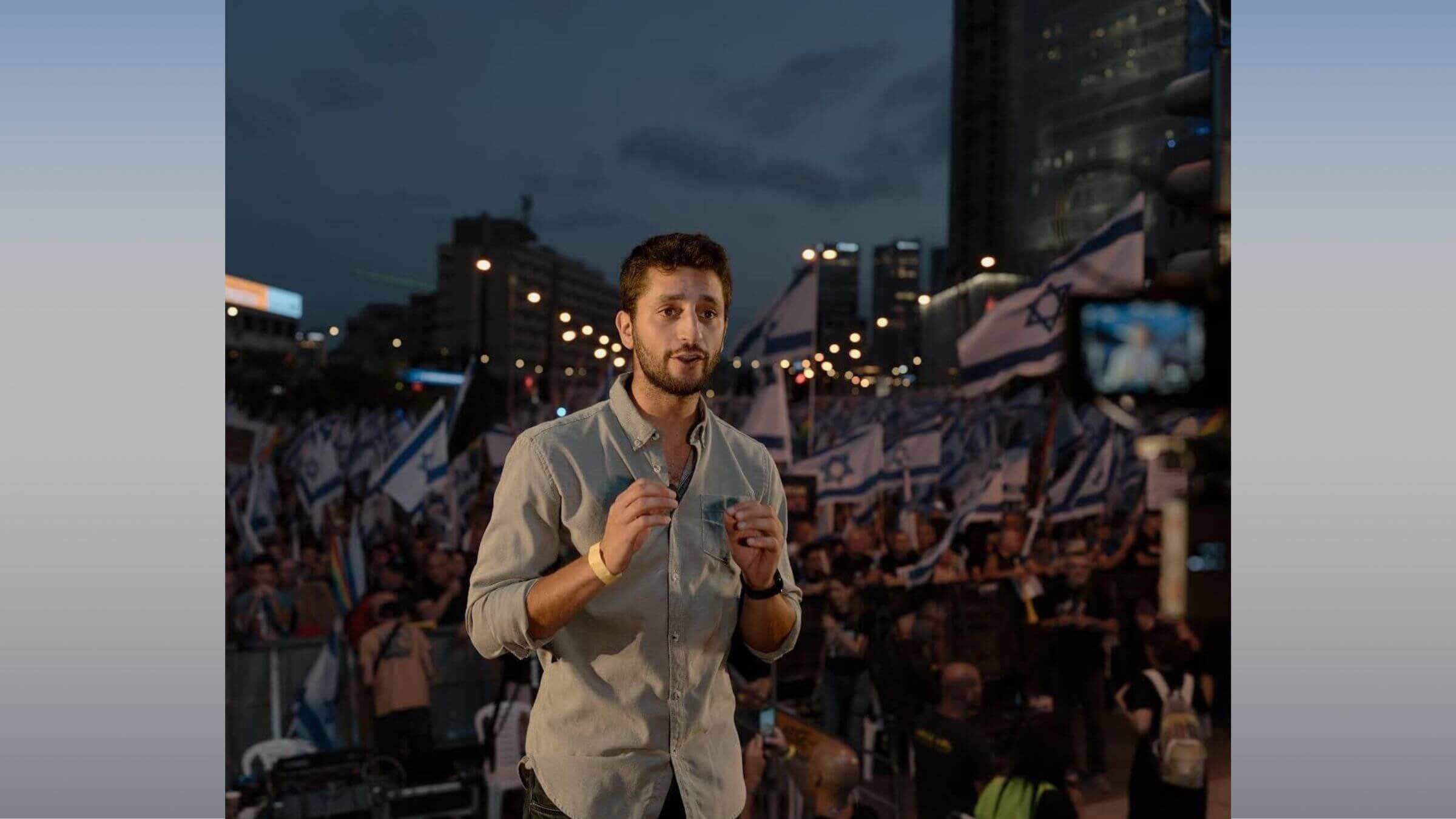 The author addressing media at a pro-democracy demonstration in Tel Aviv, June 3, 2023. 